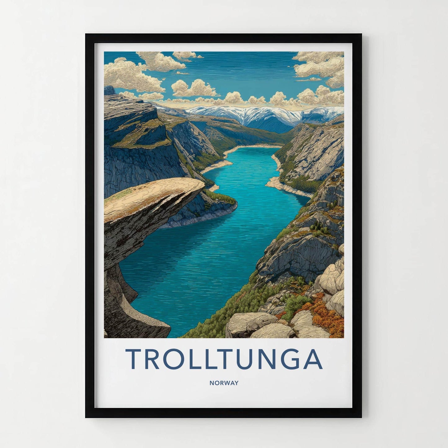 Trolltunga Poster - Norway Travel Art - Overhanging Rock Fjord Home Decor