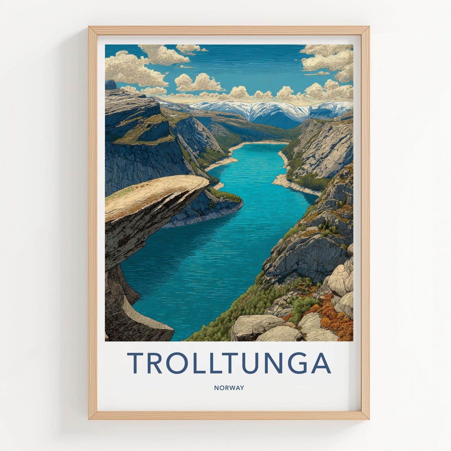 Trolltunga Poster - Norway Travel Art - Overhanging Rock Fjord Home Decor
