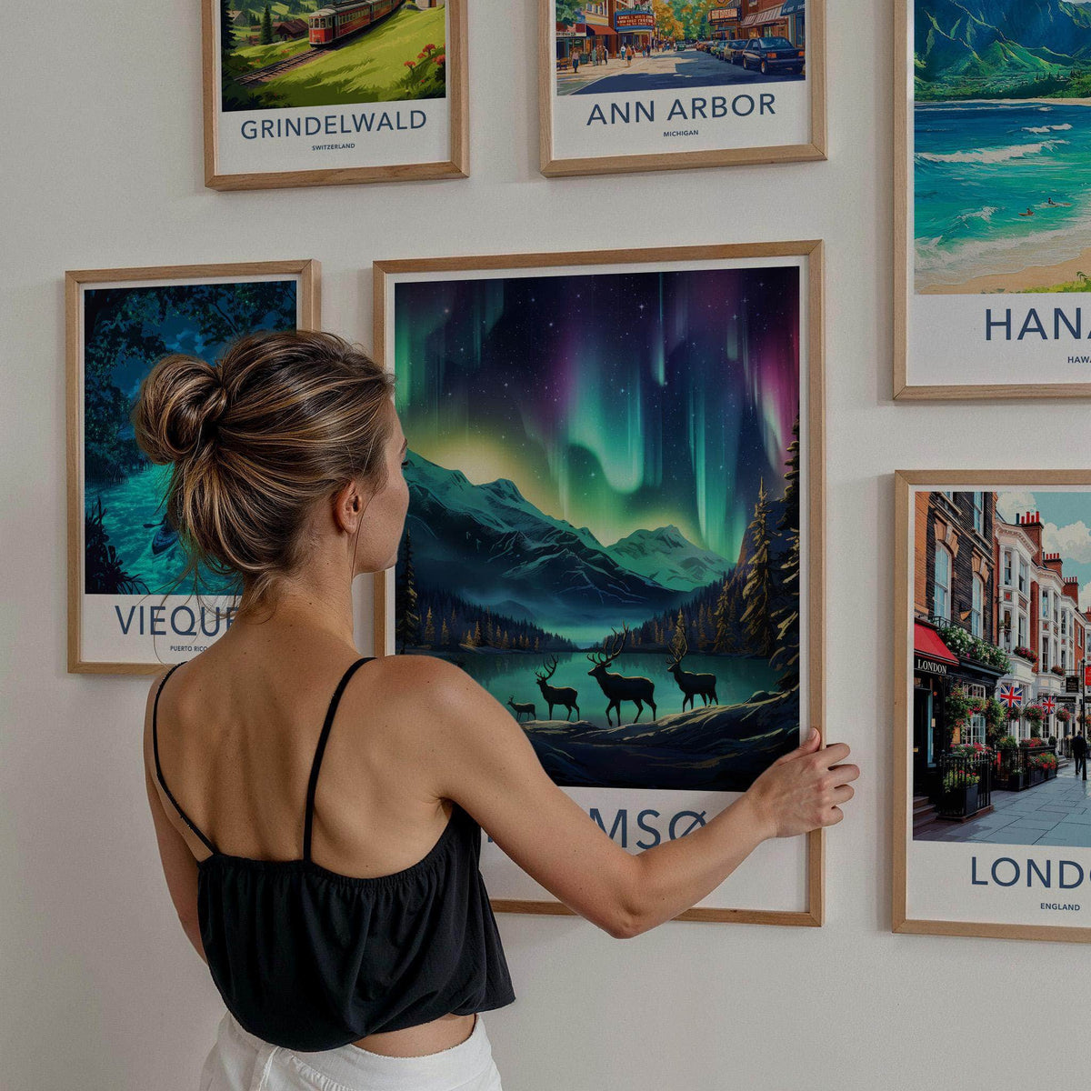 Tromsø Poster - Northern Lights Print with Reindeer & Mountain