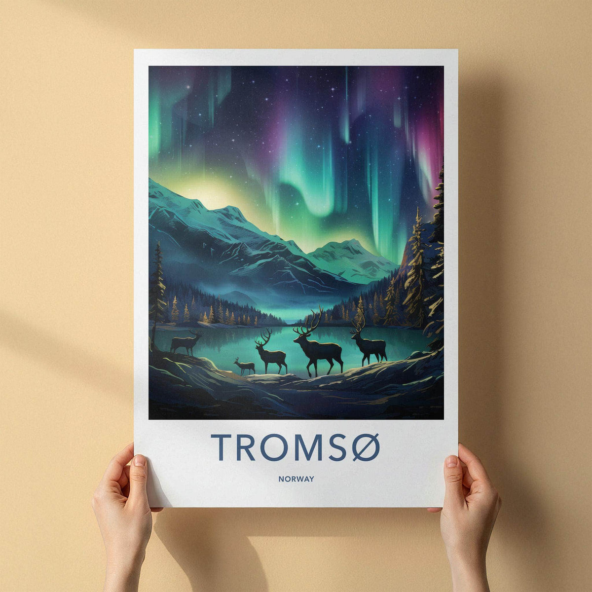 Tromsø Poster - Northern Lights Print with Reindeer & Mountain