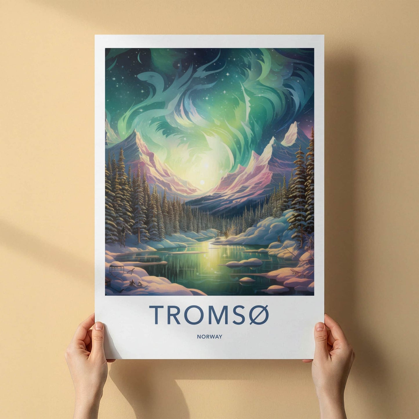 Tromso Poster - Norway Travel Art - Aurora Lake Landscape Home Decor