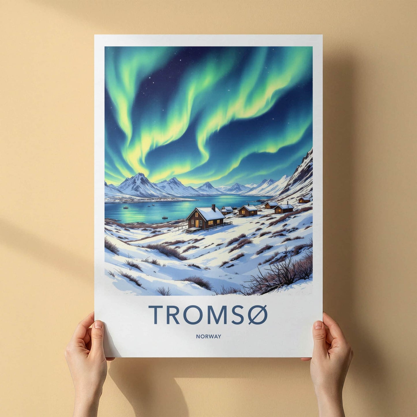 Tromso Poster - Norway Travel Art - Northern Lights Cabins Home Decor