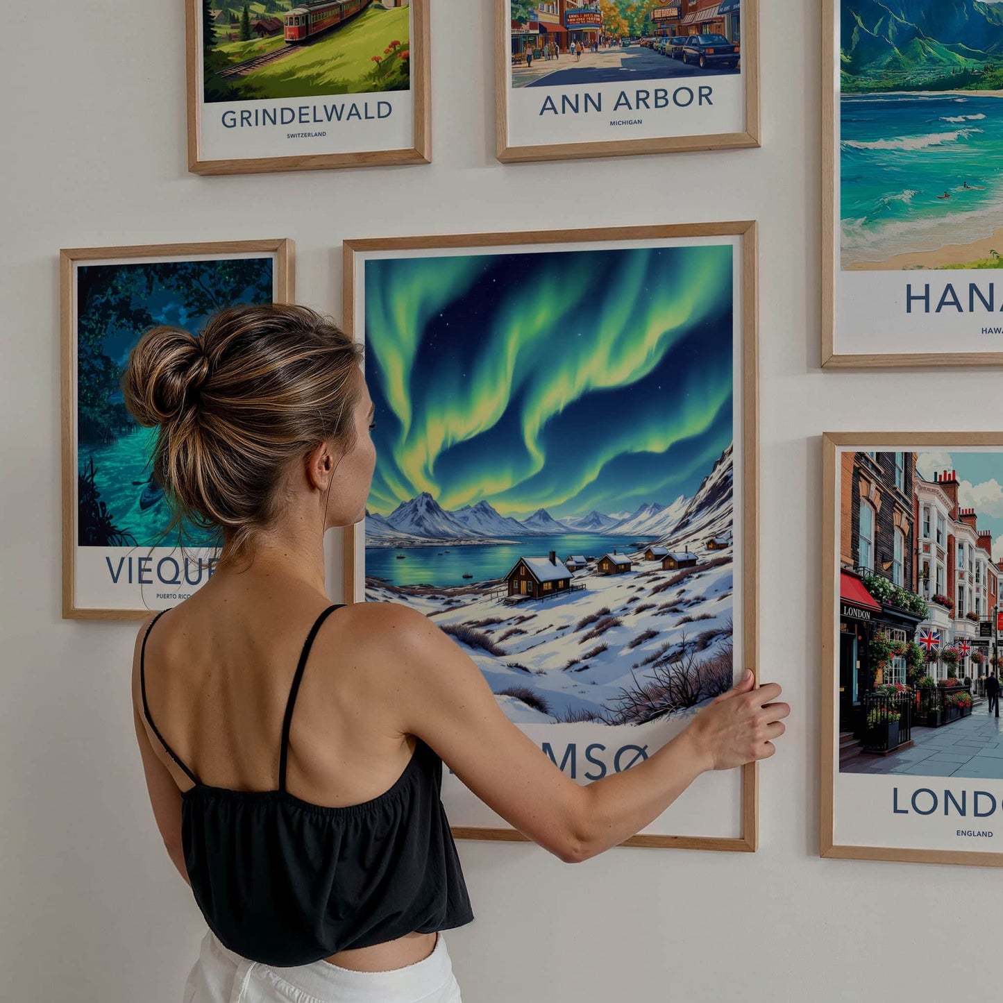 Tromso Poster - Norway Travel Art - Northern Lights Cabins Home Decor