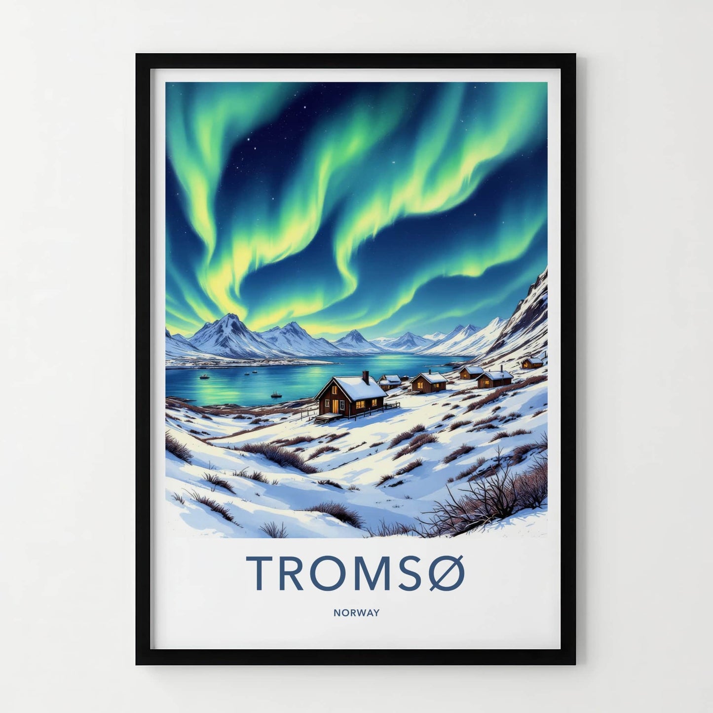 Tromso Poster - Norway Travel Art - Northern Lights Cabins Home Decor