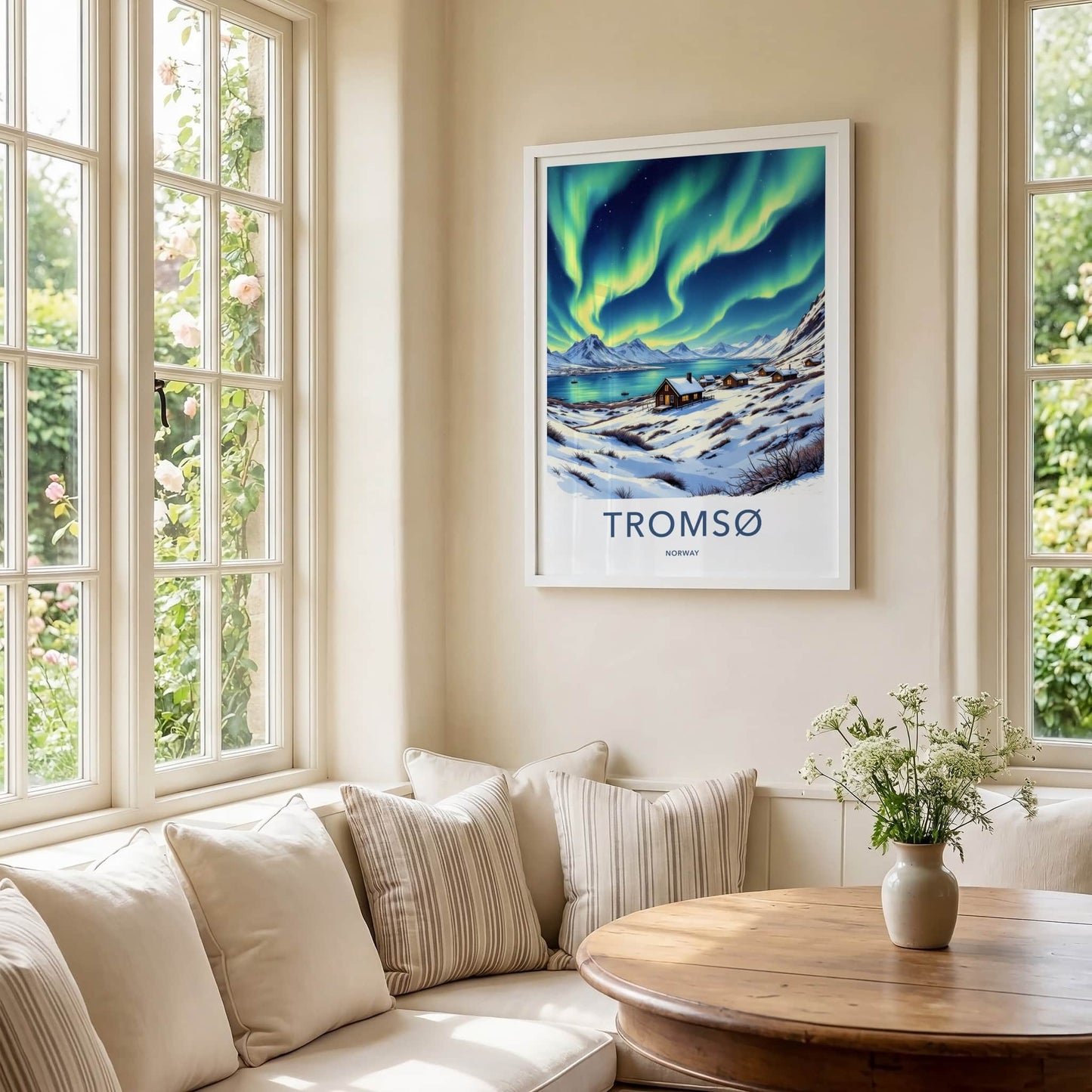 Tromso Poster - Norway Travel Art - Northern Lights Cabins Home Decor