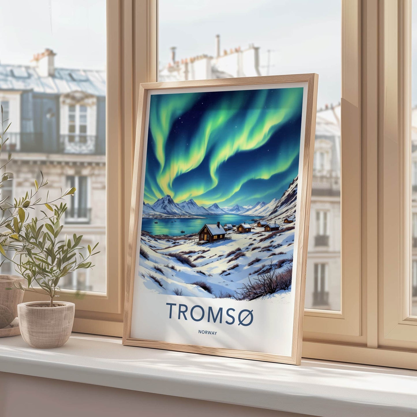 Tromso Poster - Norway Travel Art - Northern Lights Cabins Home Decor