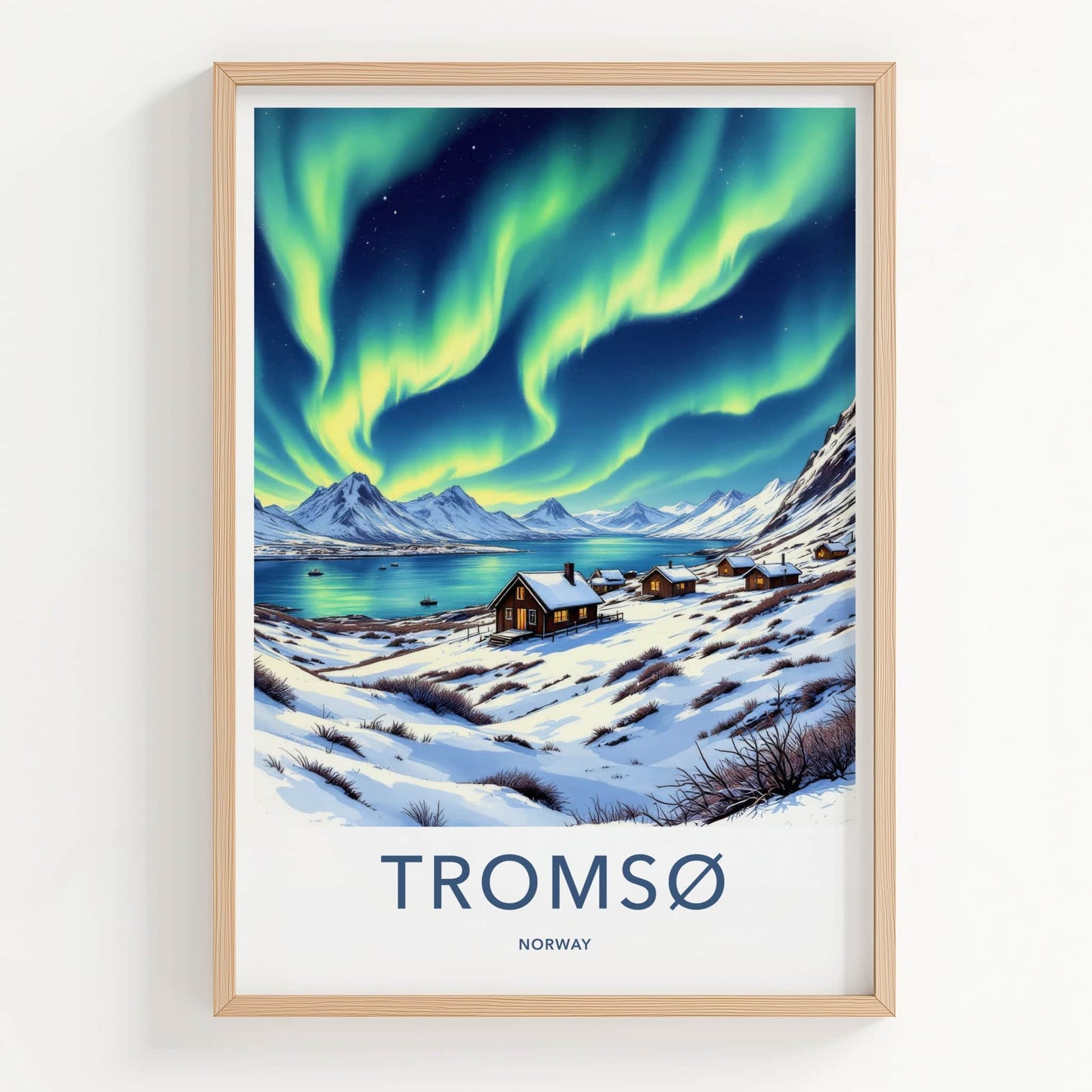 Tromso Poster - Norway Travel Art - Northern Lights Cabins Home Decor