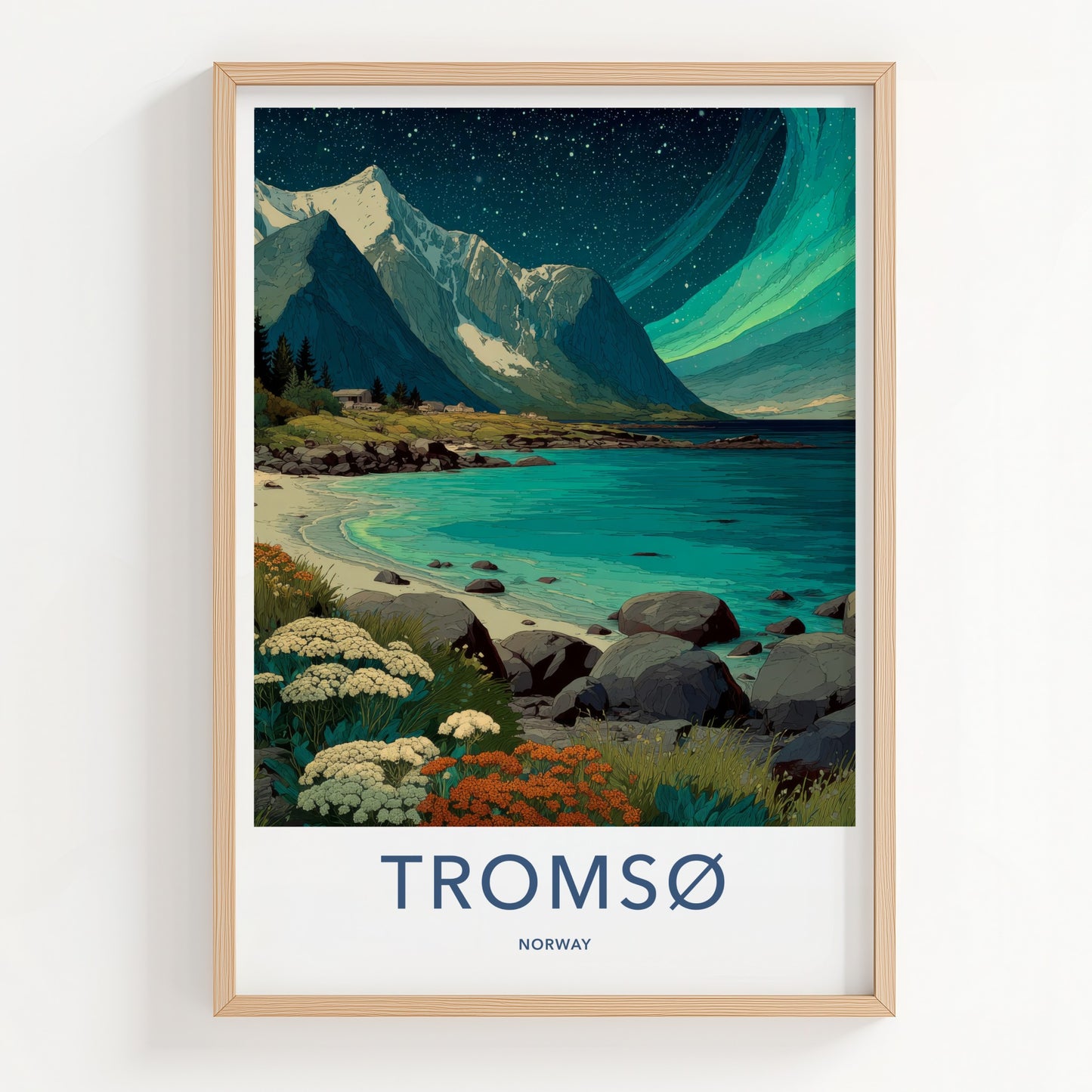 Tromso Poster - Norway Travel Art - Northern Lights Mountains Home Decor