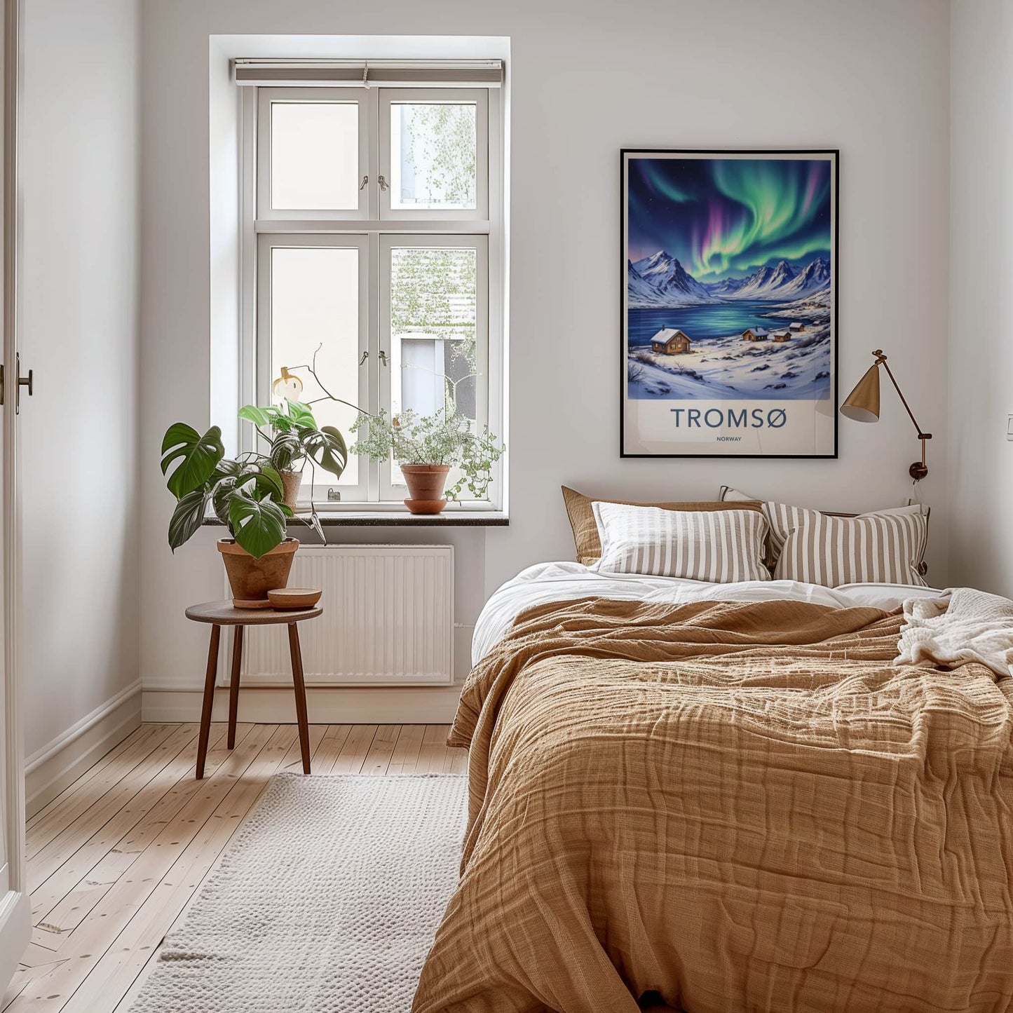 Tromso Poster - Norway Travel Art - Snowy Cabins Aurora Home Decor