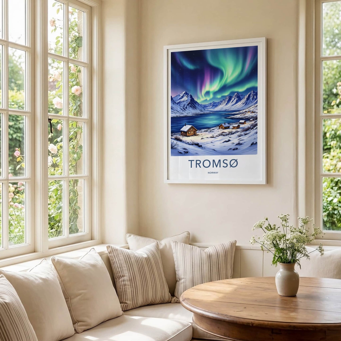 Tromso Poster - Norway Travel Art - Snowy Cabins Aurora Home Decor