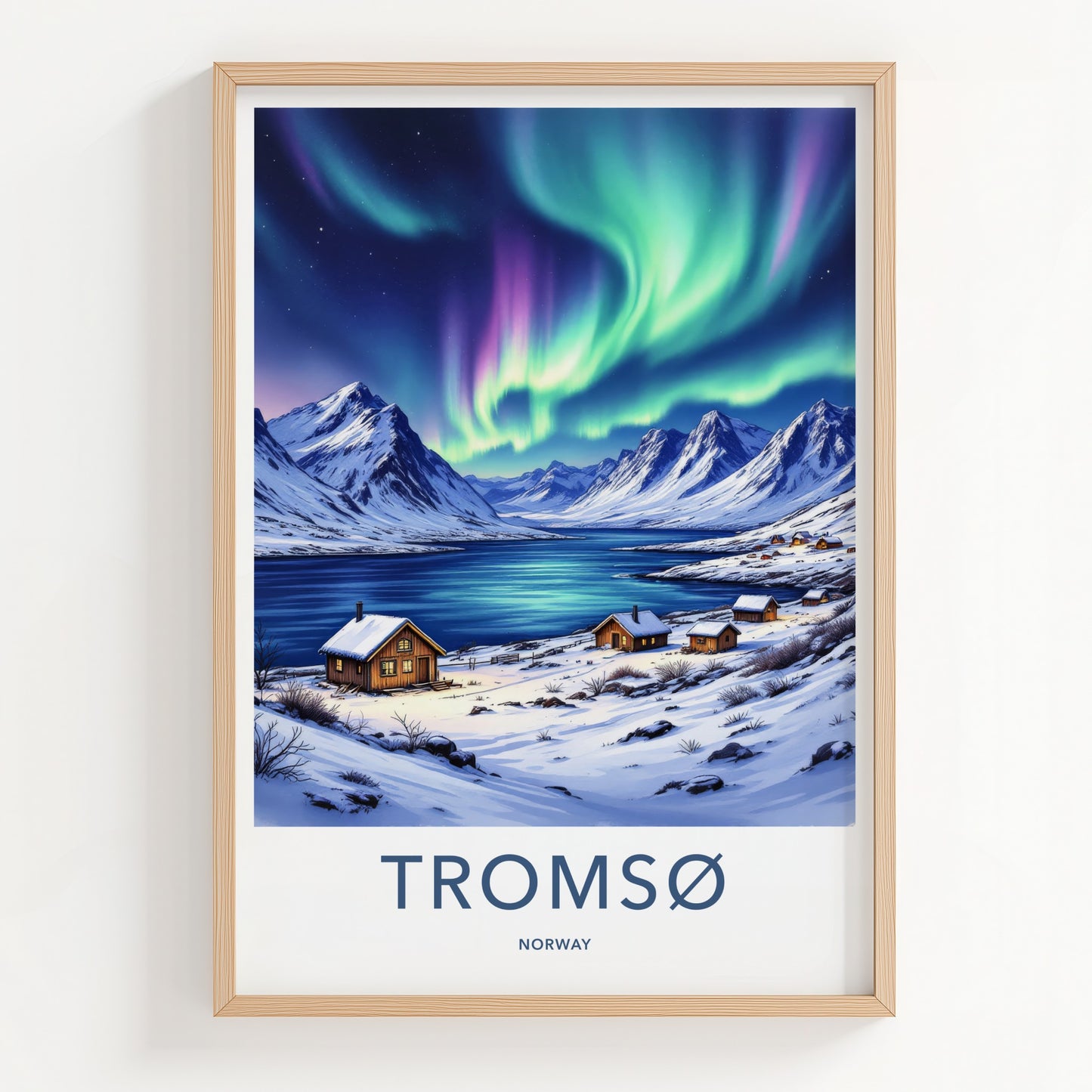 Tromso Poster - Norway Travel Art - Snowy Cabins Aurora Home Decor