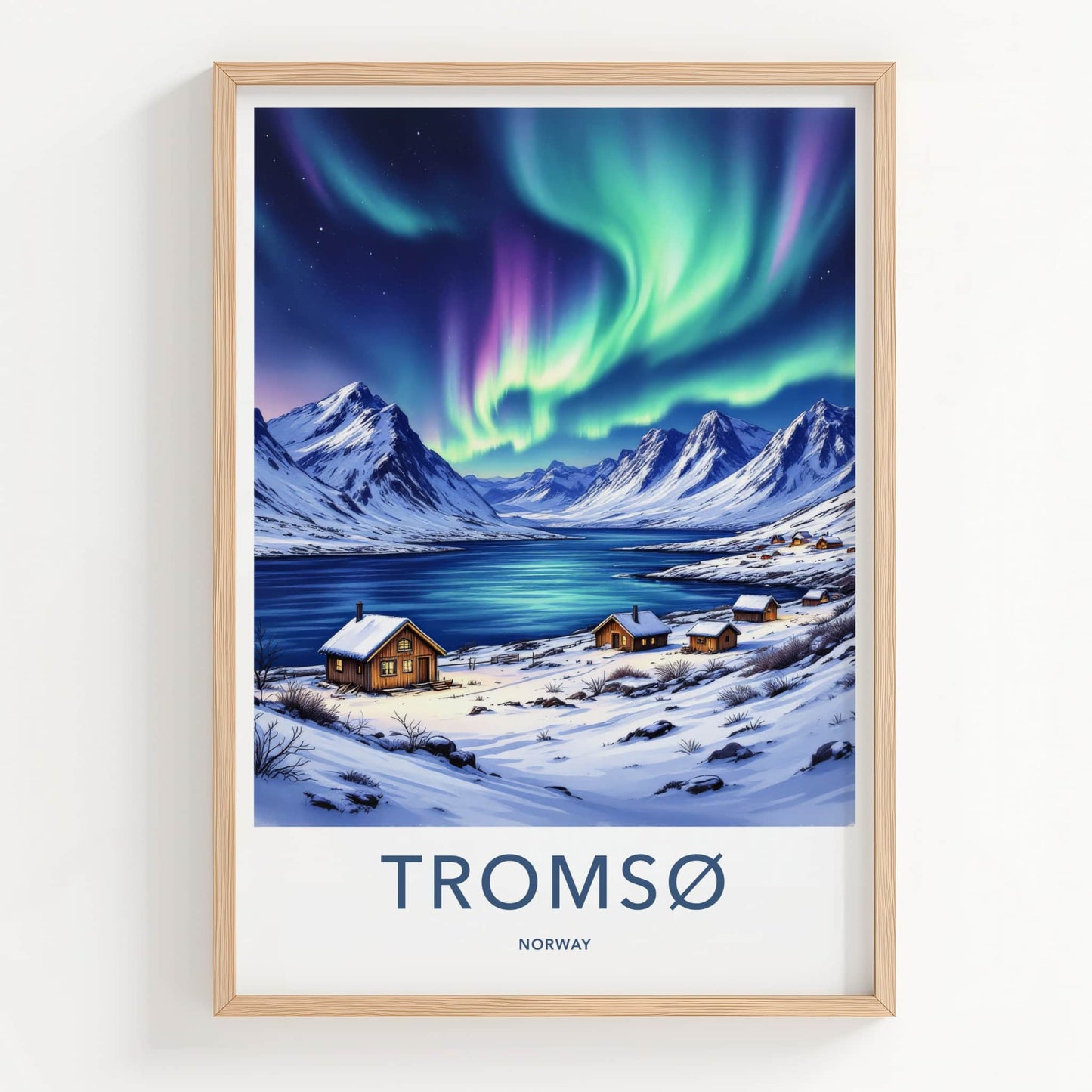 Tromso Poster - Norway Travel Art - Snowy Cabins Aurora Home Decor