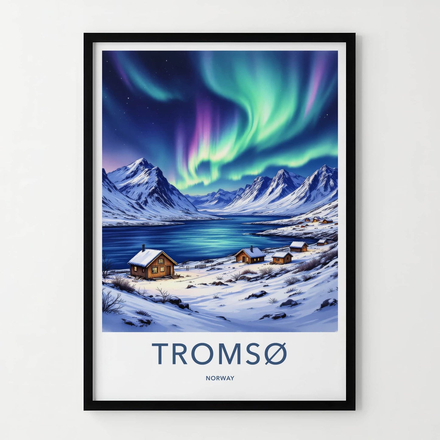 Tromso Poster - Norway Travel Art - Snowy Cabins Aurora Home Decor