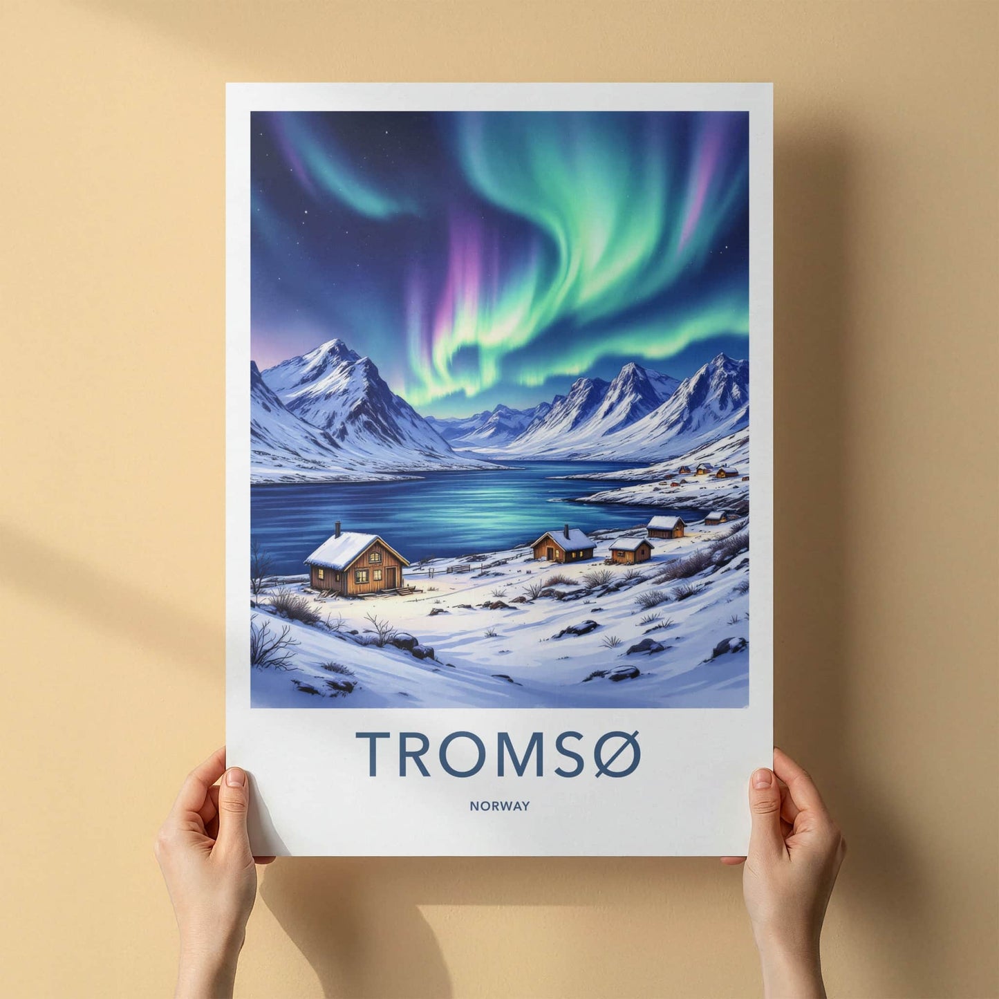 Tromso Poster - Norway Travel Art - Snowy Cabins Aurora Home Decor