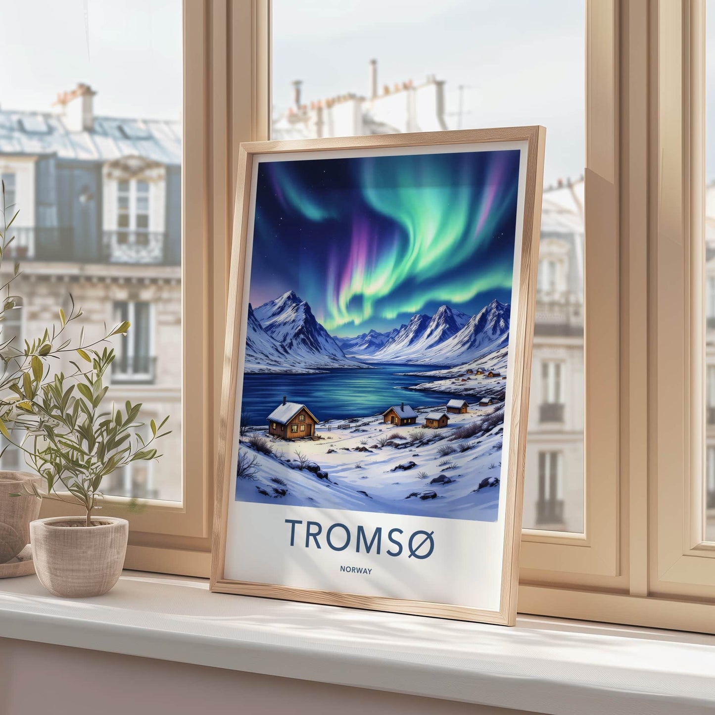Tromso Poster - Norway Travel Art - Snowy Cabins Aurora Home Decor