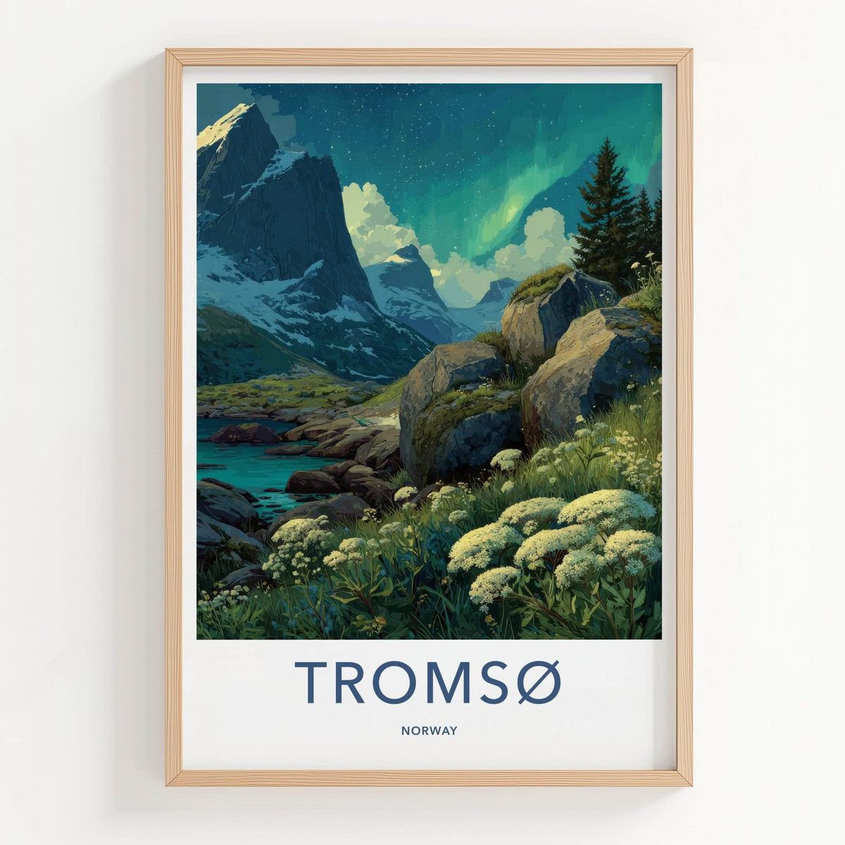 Tromso Poster - Norway Travel Print - Northern Lights River Wall Decor
