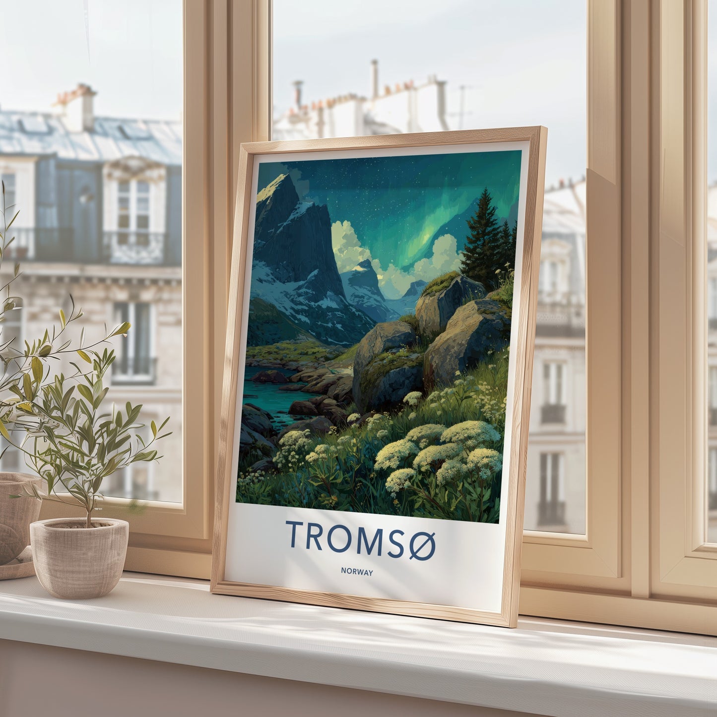 Tromso Poster - Norway Travel Print - Northern Lights River Wall Decor
