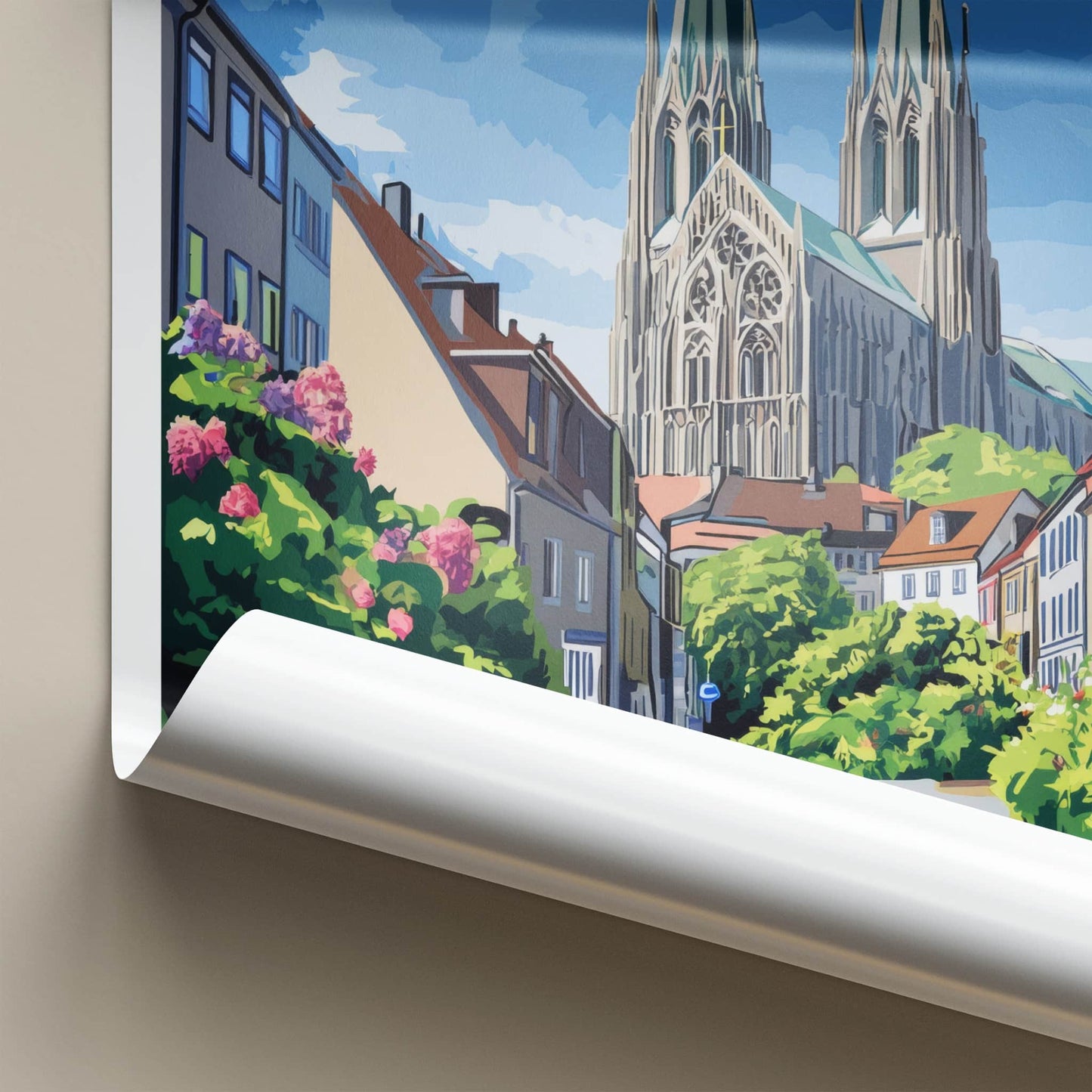 Trondheim Poster - Norway Travel Art - Gothic Cathedral Street Home Decor