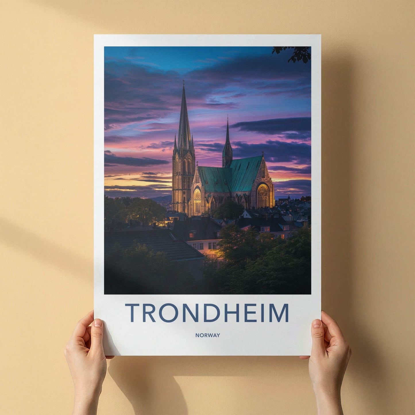 Trondheim Poster - Norway Travel Art - Historic Cathedral Sunset Wall Decor
