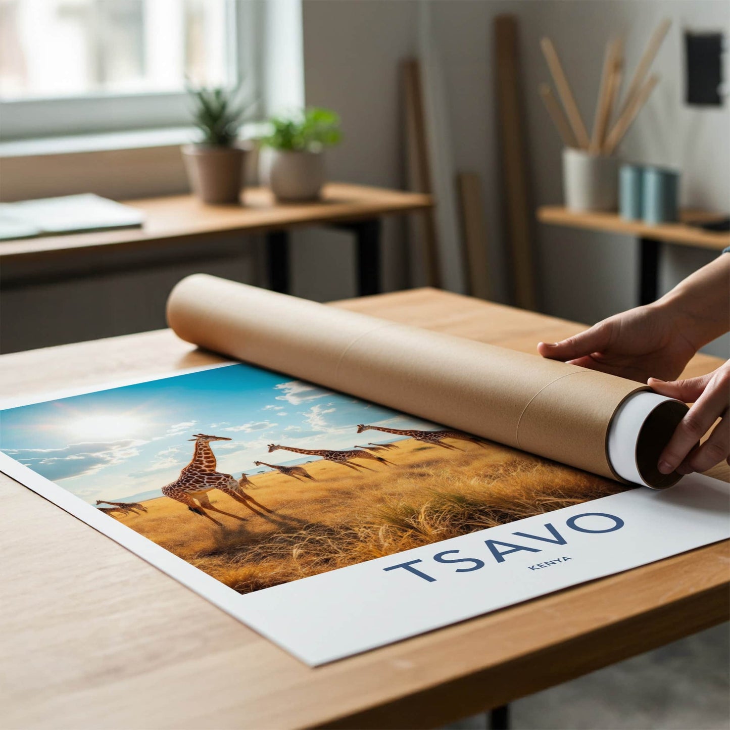 Tsavo Poster - Kenya Travel Art - Golden Savanna Giraffes Home Decor