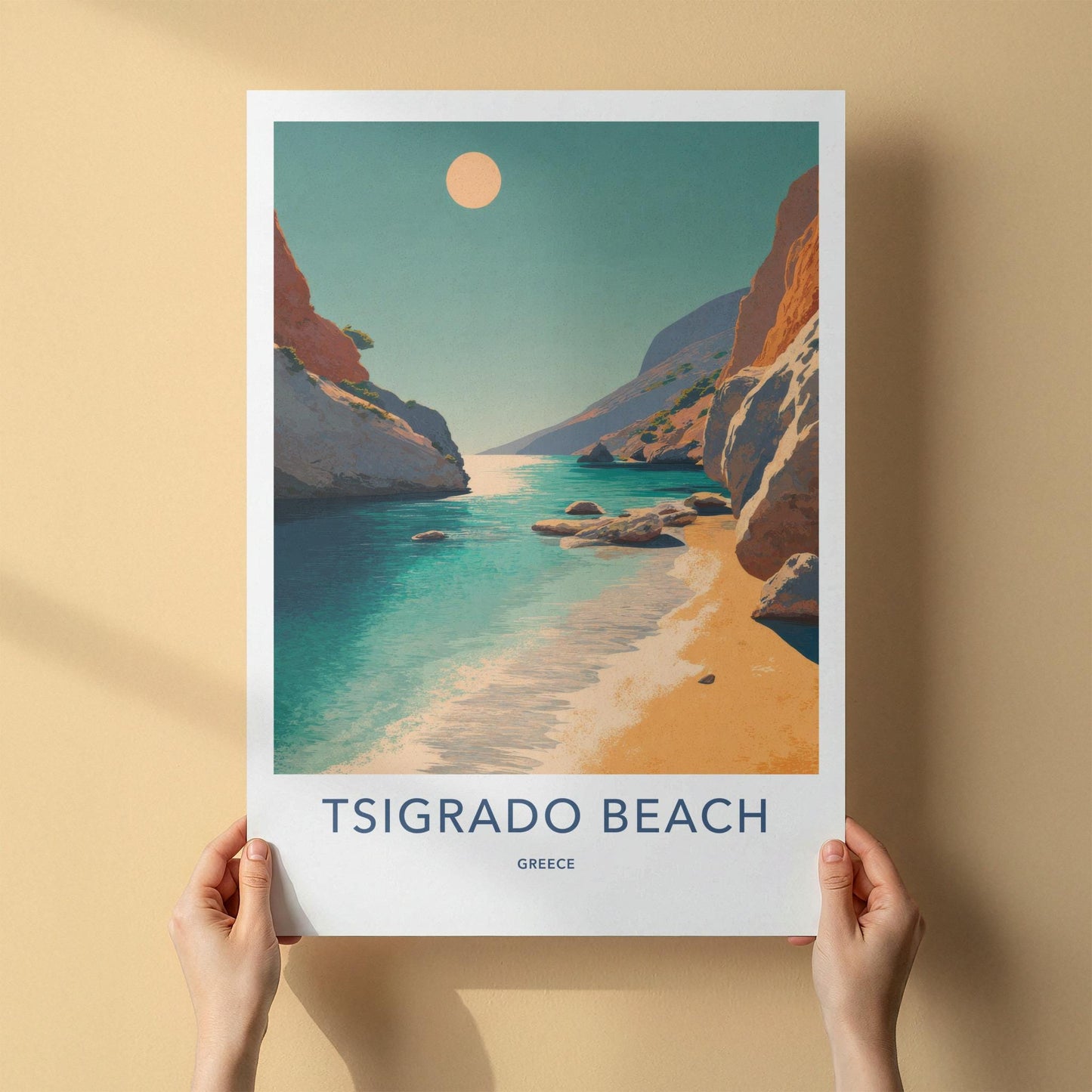 Tsigrado Beach Poster - Greece Travel Art - Turquoise Water Cliffs Home Decor