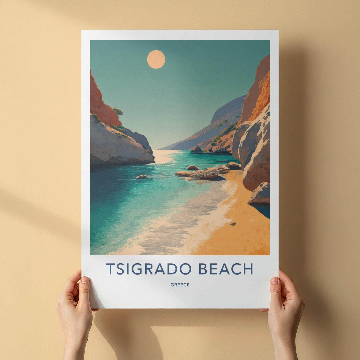 Tsigrado Beach Poster - Greece Travel Art - Turquoise Water Cliffs Home Decor