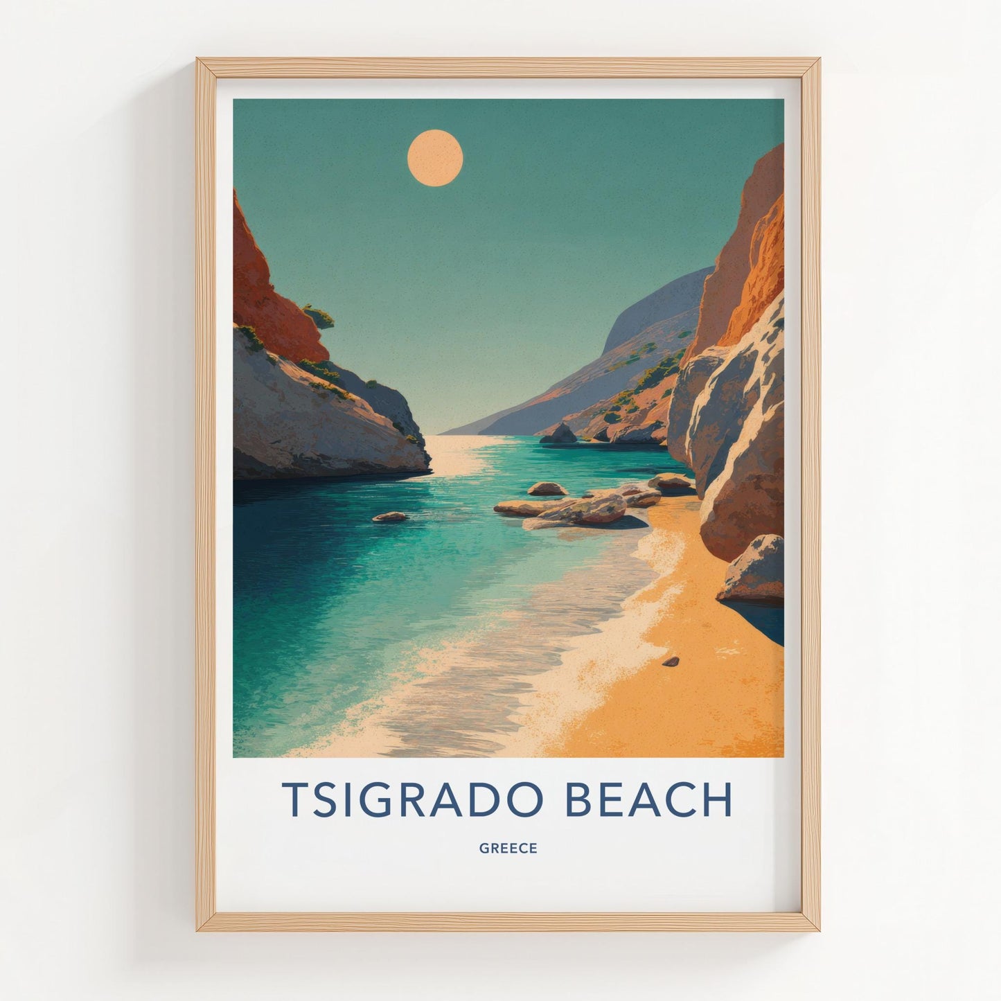 Tsigrado Beach Poster - Greece Travel Art - Turquoise Water Cliffs Home Decor