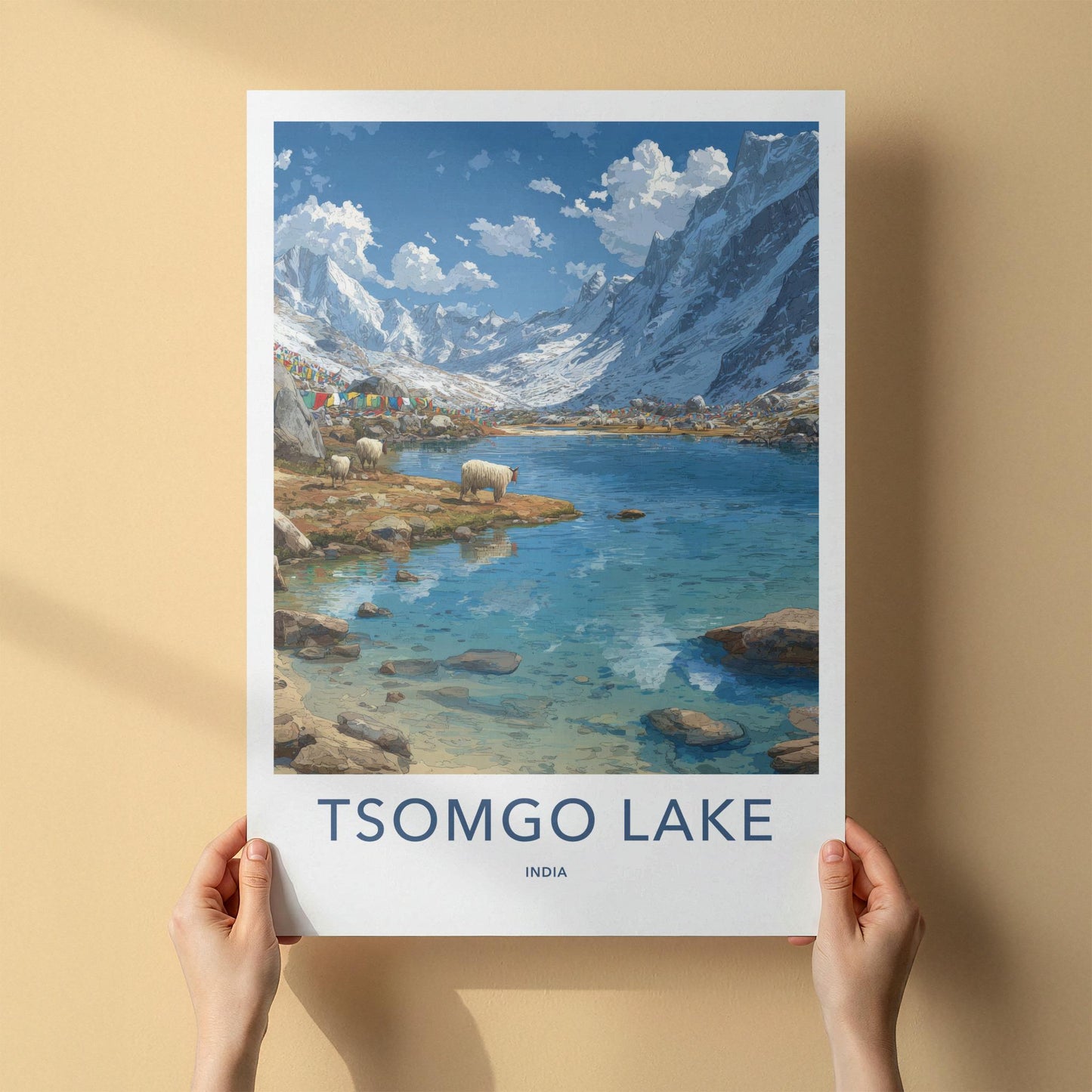 Tsomgo Lake Poster - India Travel Art - Sikkim Lake Mountain Yaks Home Decor