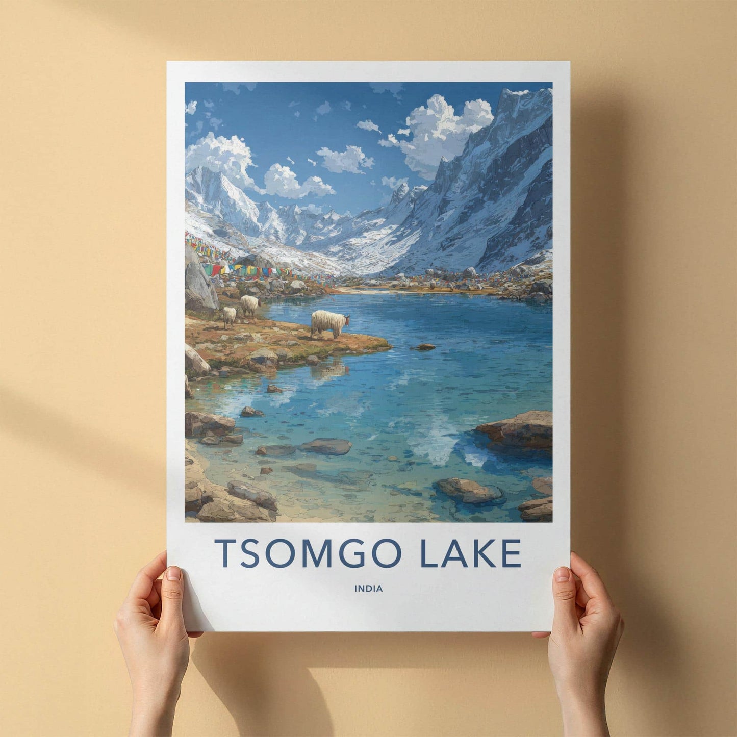 Tsomgo Lake Poster - India Travel Art - Sikkim Lake Mountain Yaks Home Decor
