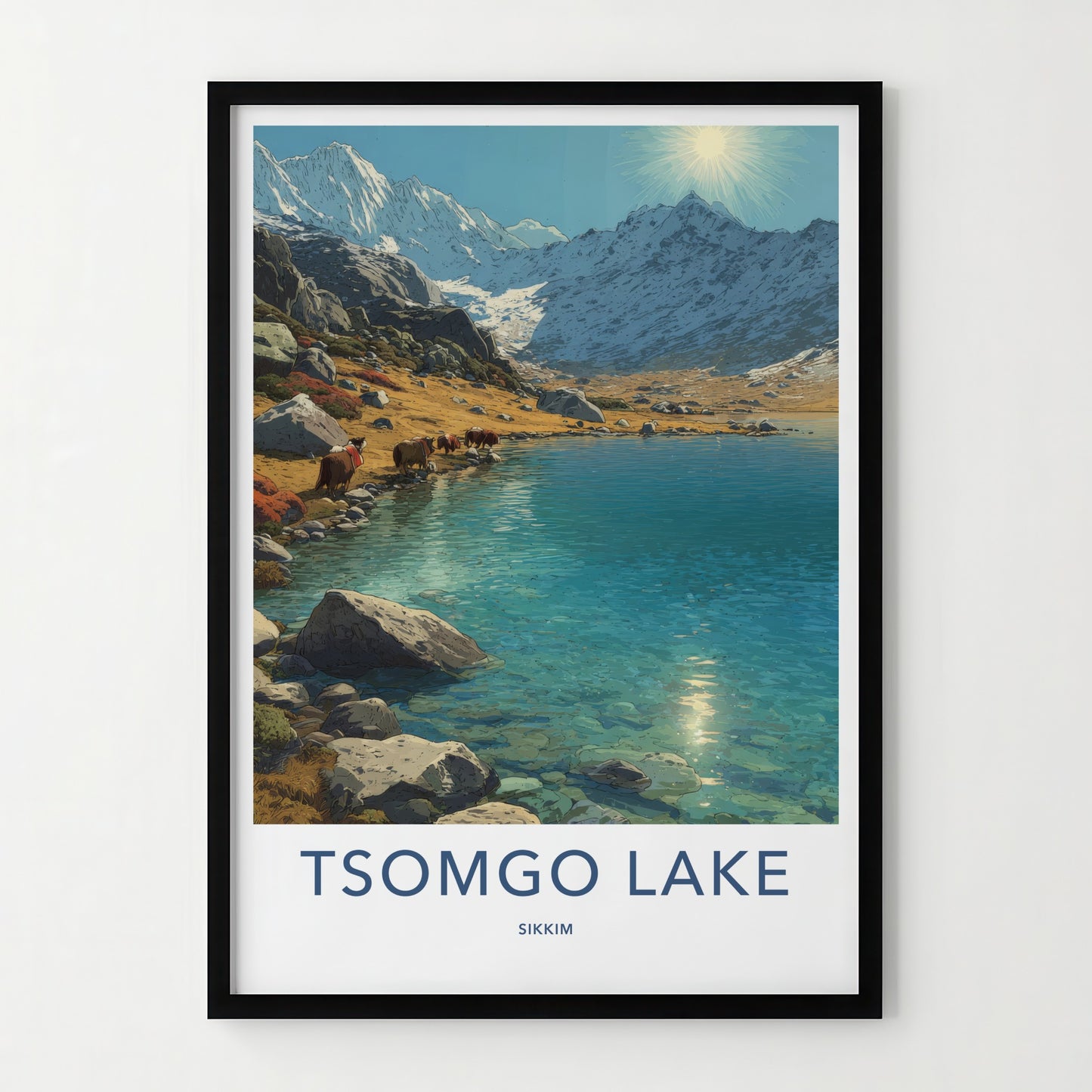 Tsomgo Lake Poster - India Travel Print - Yak Water Mountain Gallery Art