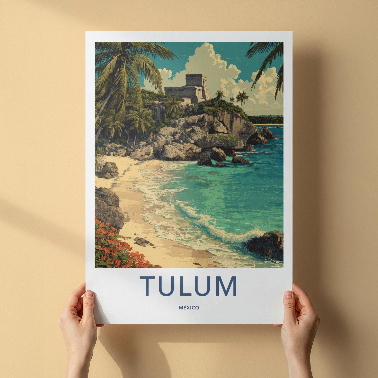 Tulum Poster - Mexico Travel Art - Cliffside Mayan Temple Home Decor