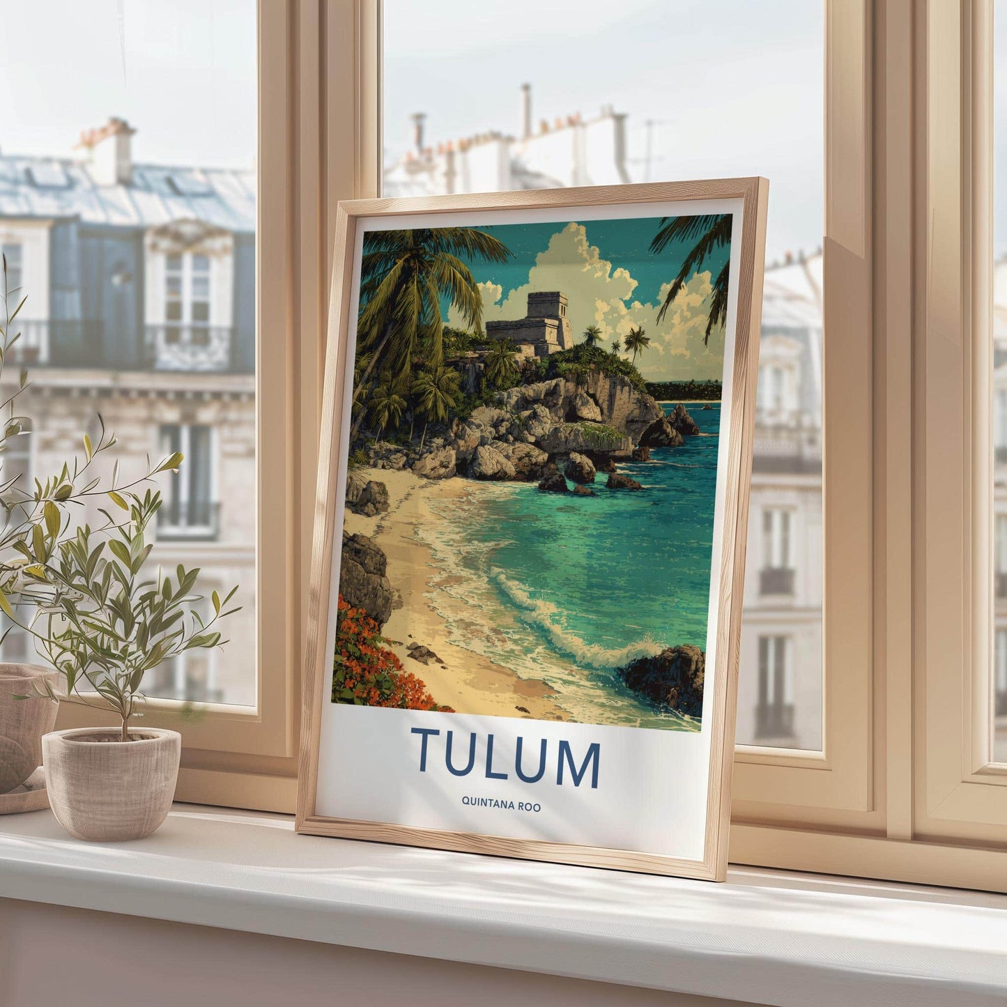 Tulum Poster - Mexico Travel Art - Mayan Cliff Beach Wall Decor