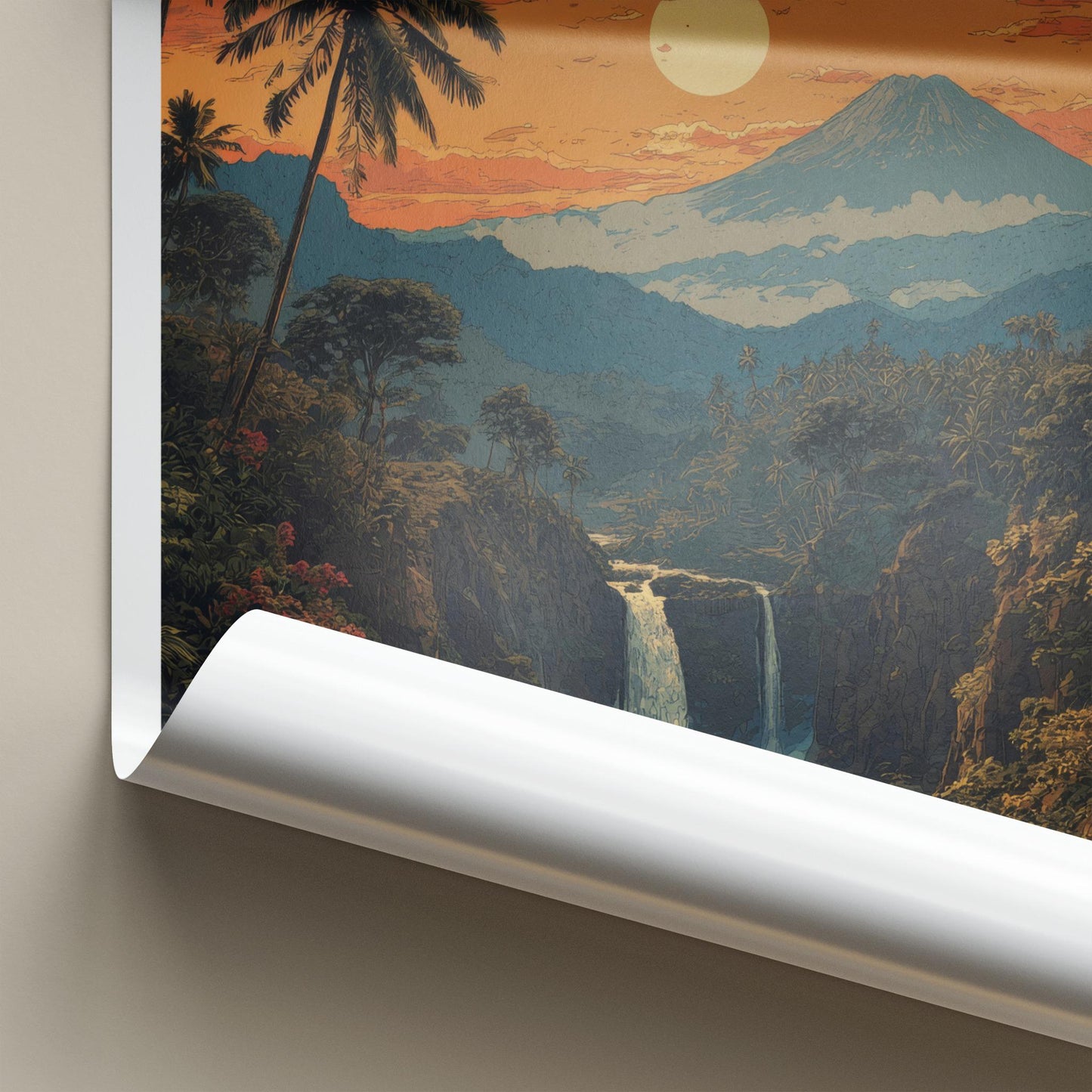 Tumpak Sewu Poster - Indonesia Travel Art - Volcanic Sunset Waterfall Wall Decor