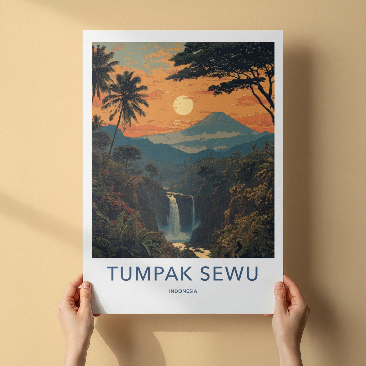Tumpak Sewu Poster - Indonesia Travel Art - Volcanic Sunset Waterfall Wall Decor