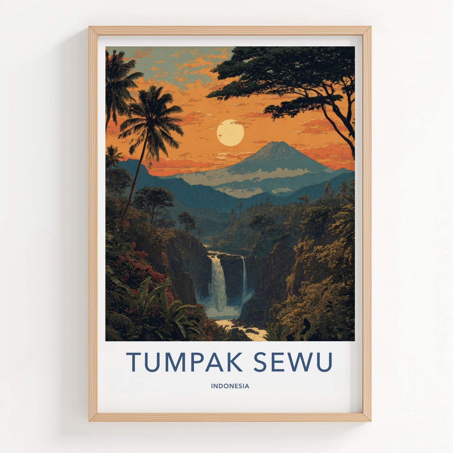 Tumpak Sewu Poster - Indonesia Travel Art - Volcanic Sunset Waterfall Wall Decor