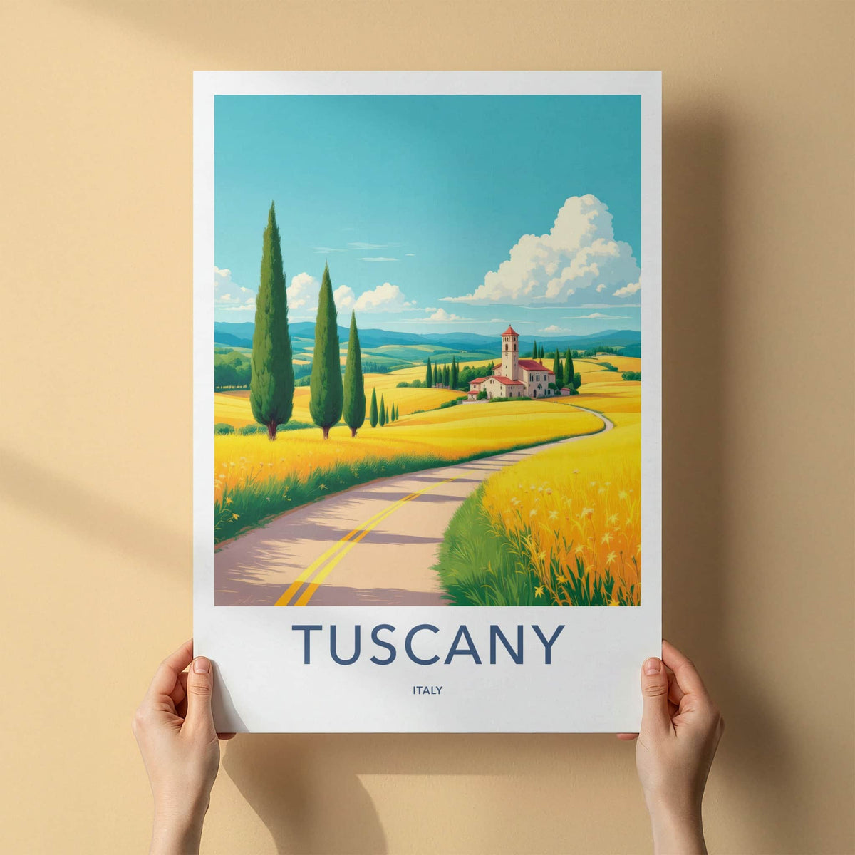 Tuscany Poster - Italy Travel Art - Yellow Field Villa Home Decor