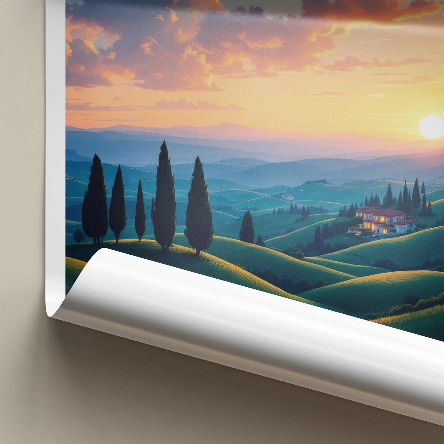 Tuscany Poster - Italy Wall Art - Rolling hills sunset Home Decor