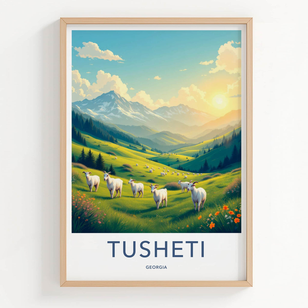 Tusheti Poster - Georgia Travel Art - Goats Grazing Hills Home Decor