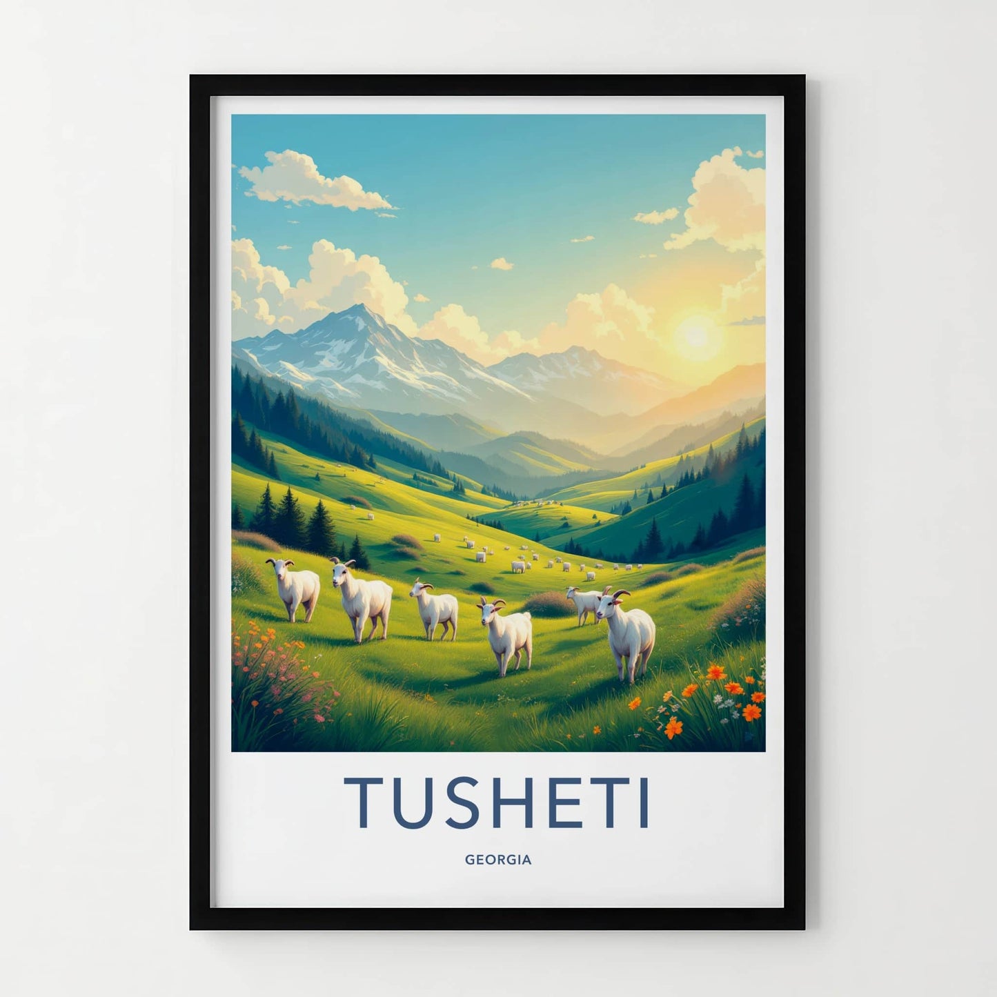 Tusheti Poster - Georgia Travel Art - Goats Grazing Hills Home Decor