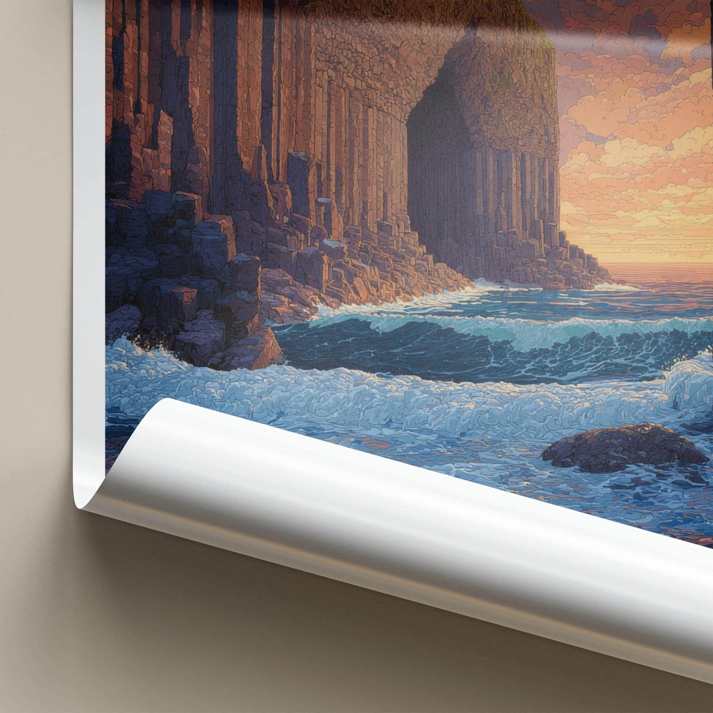 Uamh Binn Poster - Scotland Travel Art - Basalt Cave Sunset Home Decor