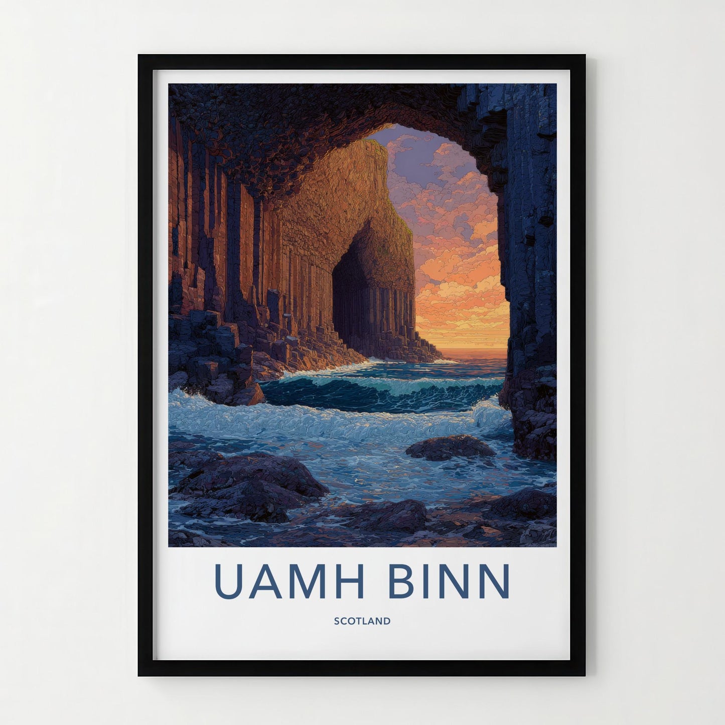 Uamh Binn Poster - Scotland Travel Art - Basalt Cave Sunset Home Decor