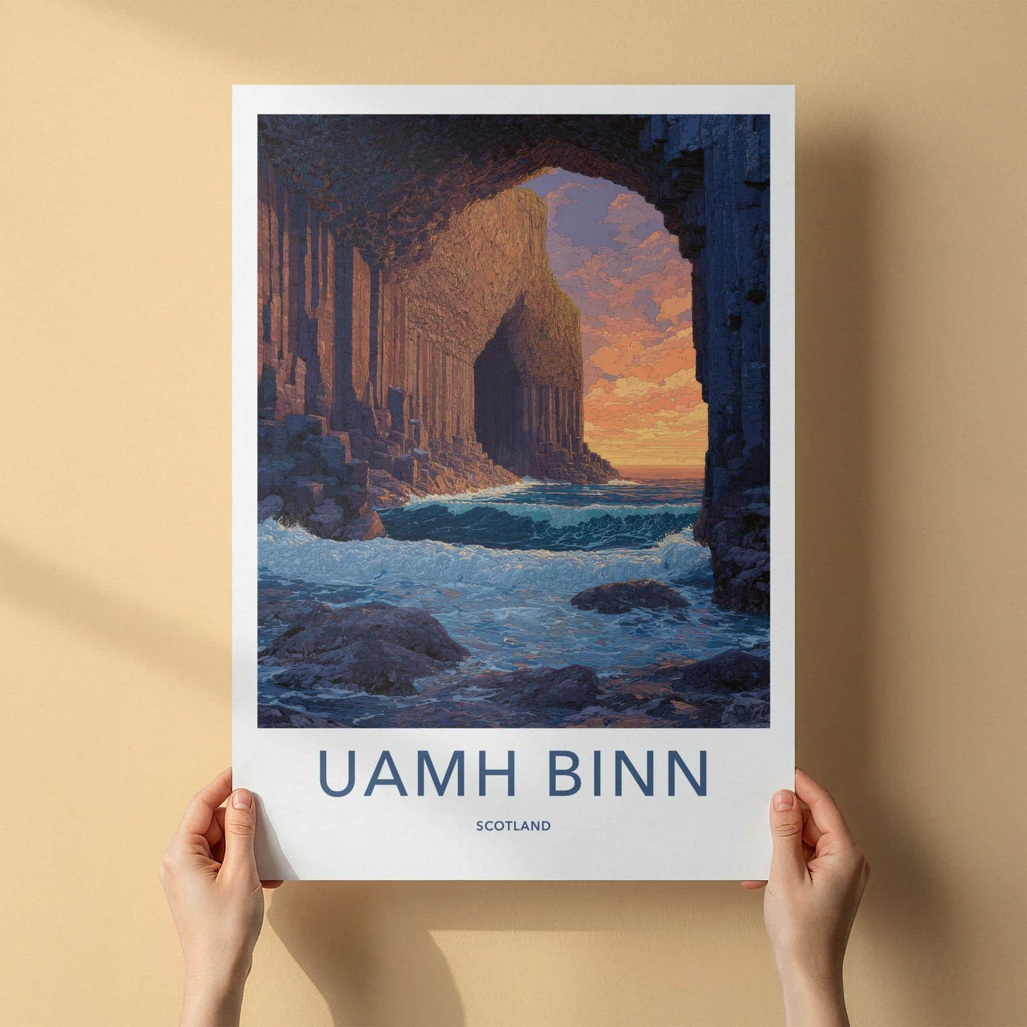 Uamh Binn Poster - Scotland Travel Art - Basalt Cave Sunset Home Decor