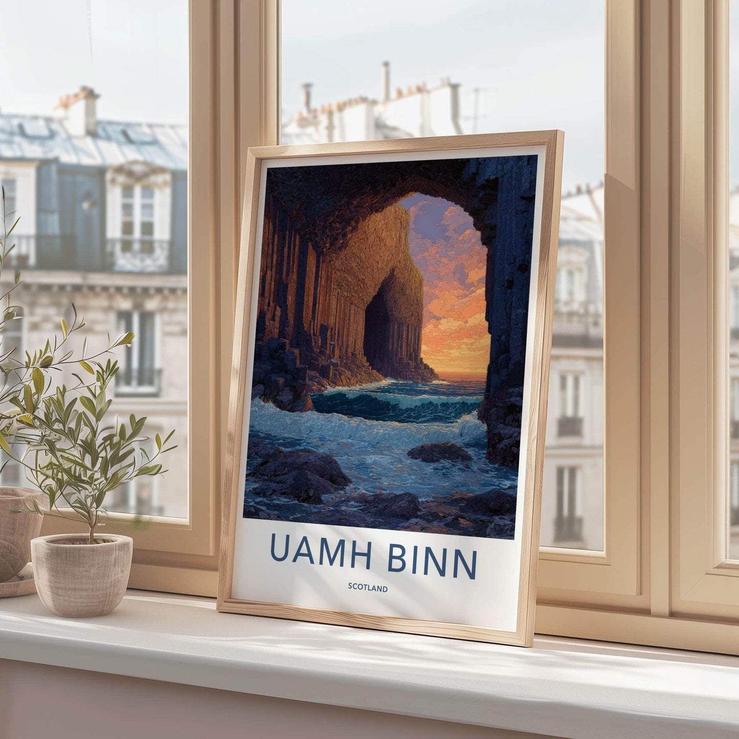 Uamh Binn Poster - Scotland Travel Art - Basalt Cave Sunset Home Decor