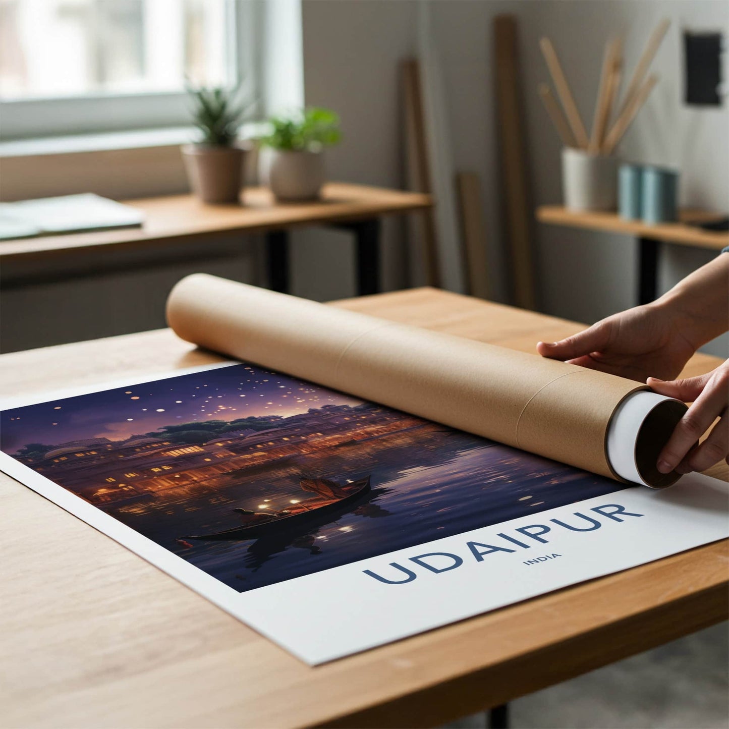 Udaipur Poster - India Travel Art - Rajasthan Floating Lanterns City Home Decor