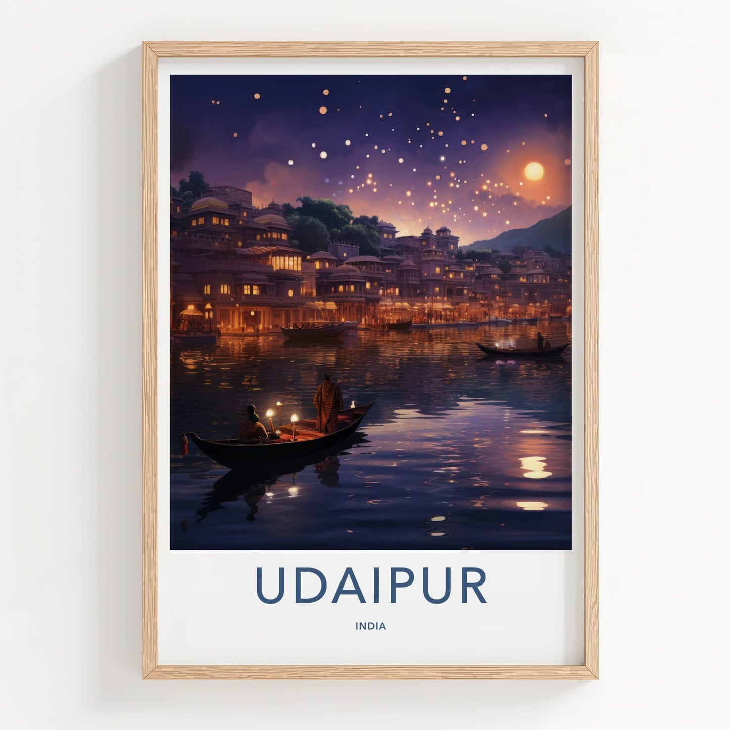 Udaipur Poster - India Travel Art - Rajasthan Floating Lanterns City Home Decor