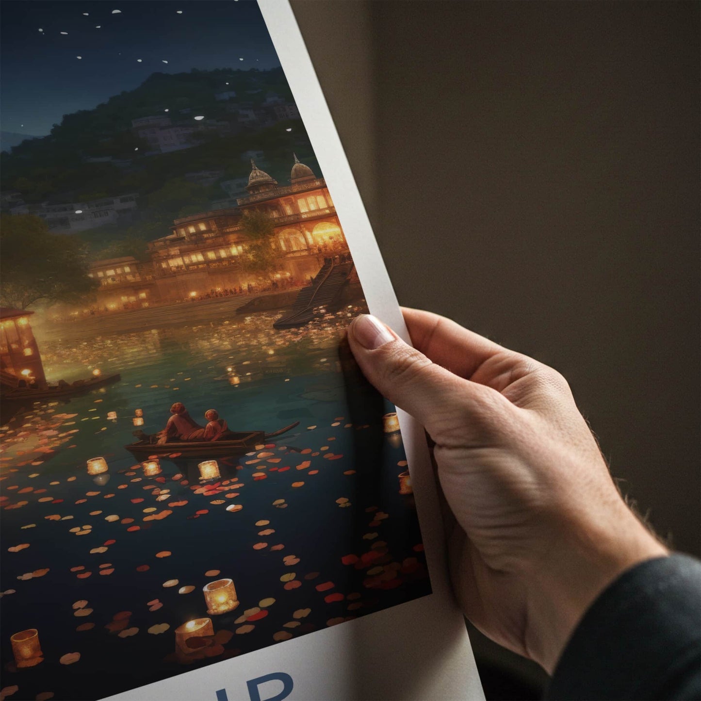 Udaipur Poster - India Travel Art - Rajasthan Floating Lanterns Lake Home Decor
