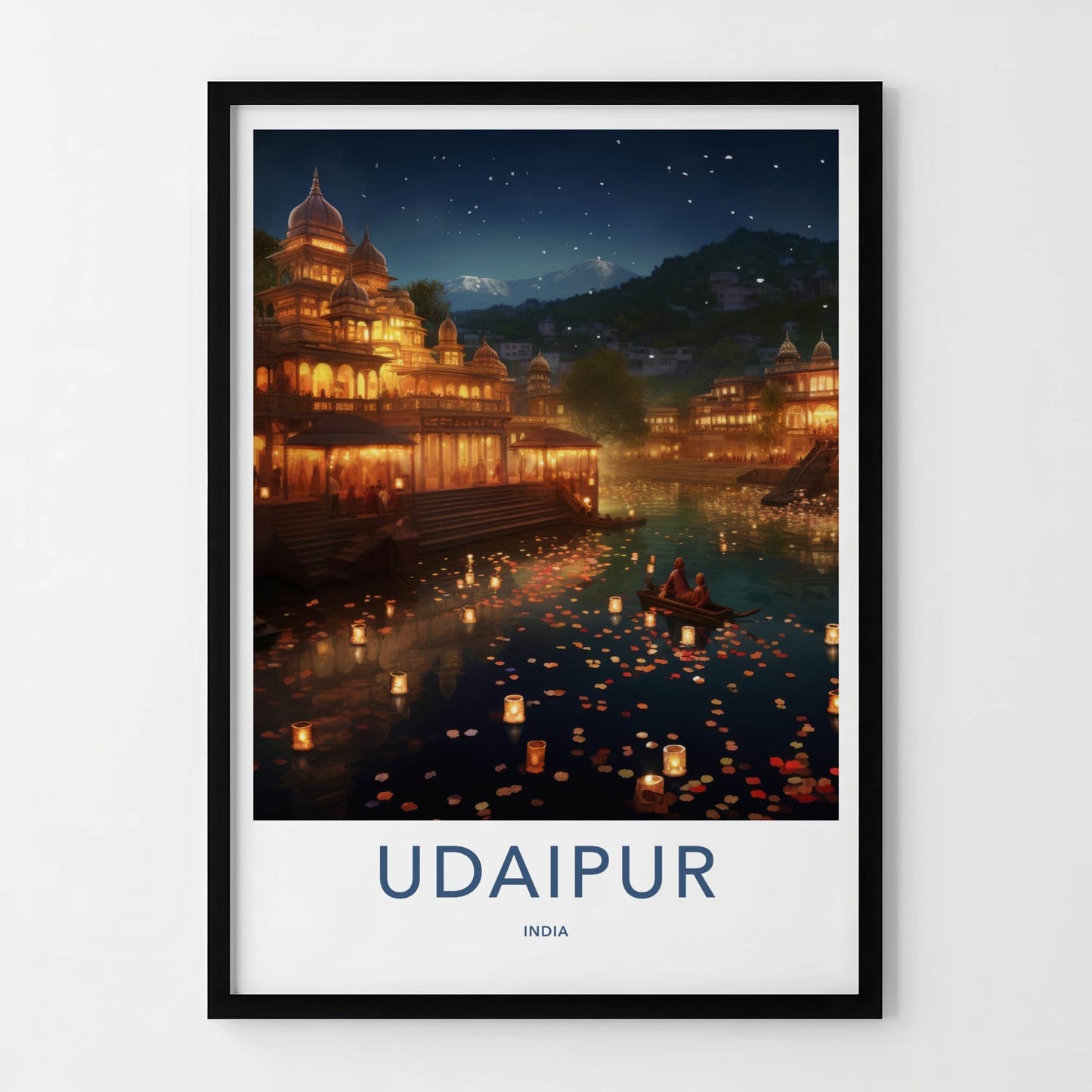 Udaipur Poster - India Travel Art - Rajasthan Floating Lanterns Lake Home Decor