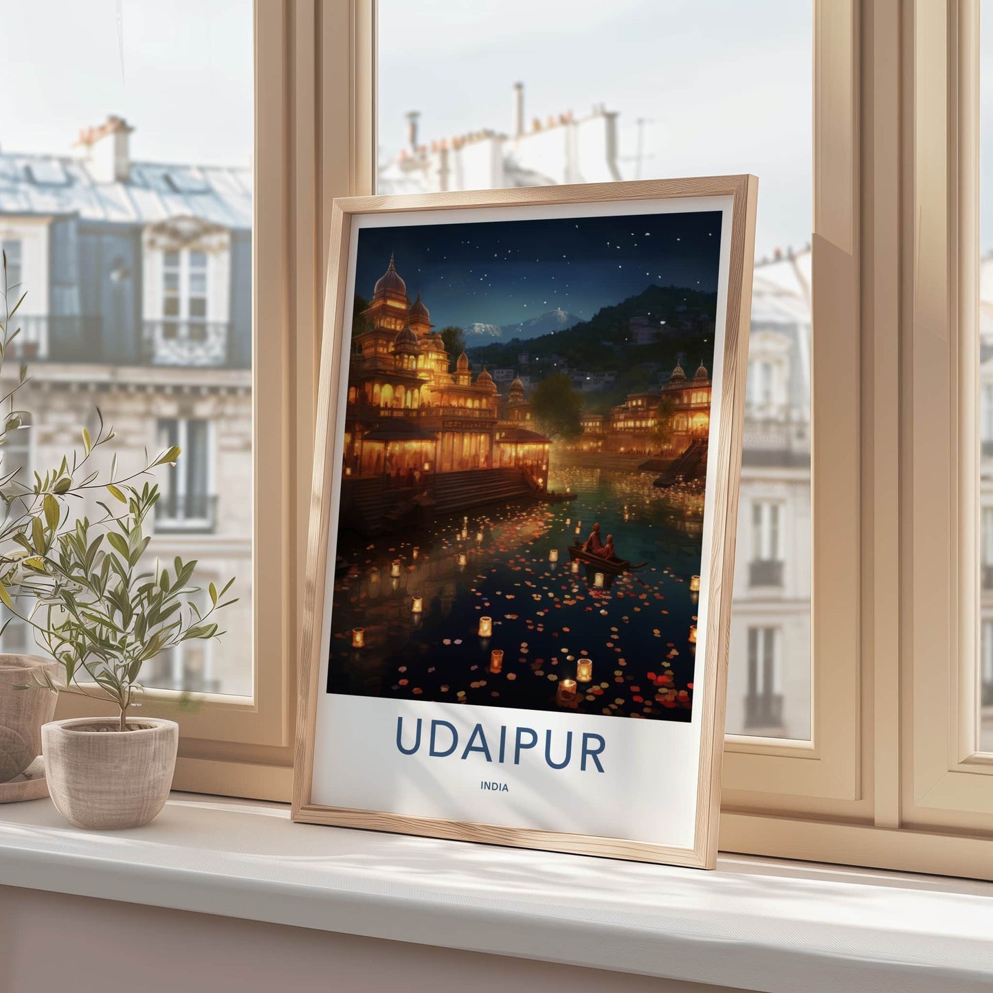 Udaipur Poster - India Travel Art - Rajasthan Floating Lanterns Lake Home Decor