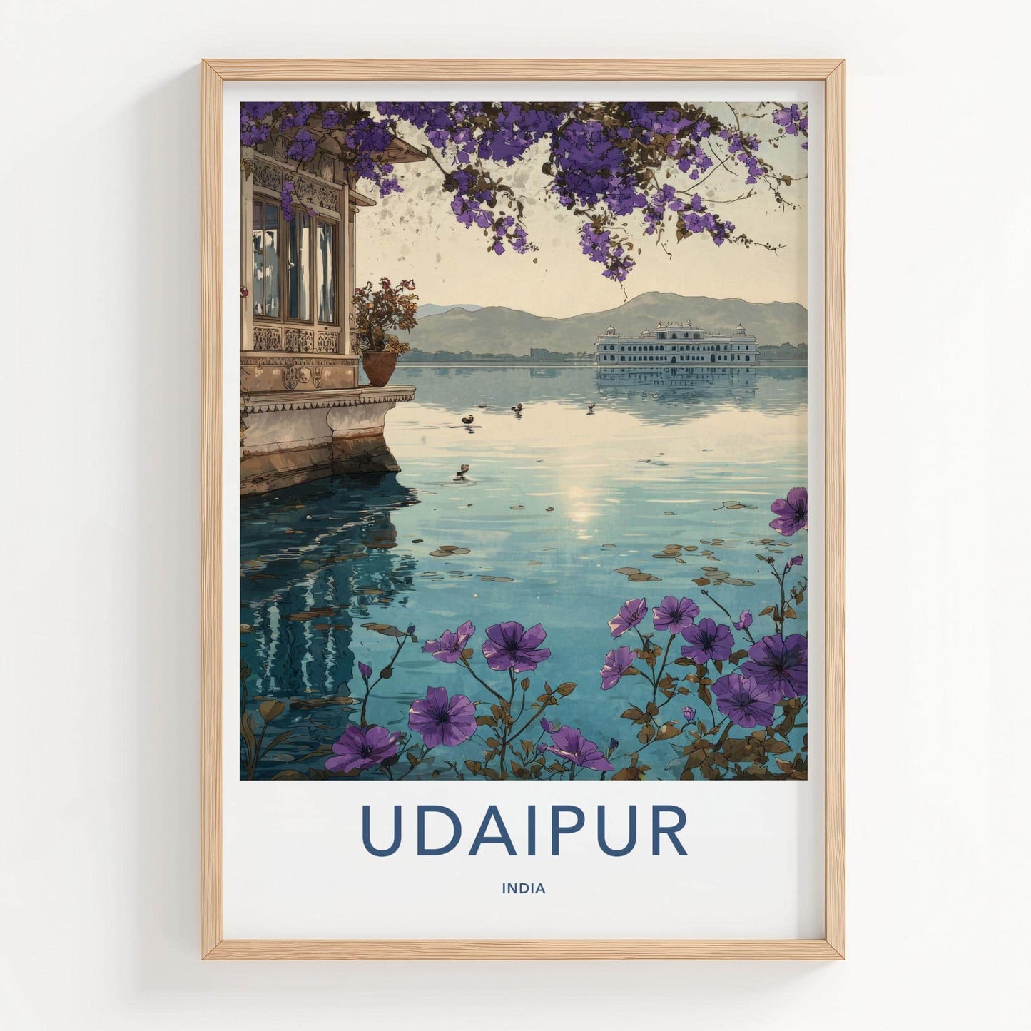 Udaipur Poster - India Travel Art - Rajasthan Lake Palace Flowers Home Decor