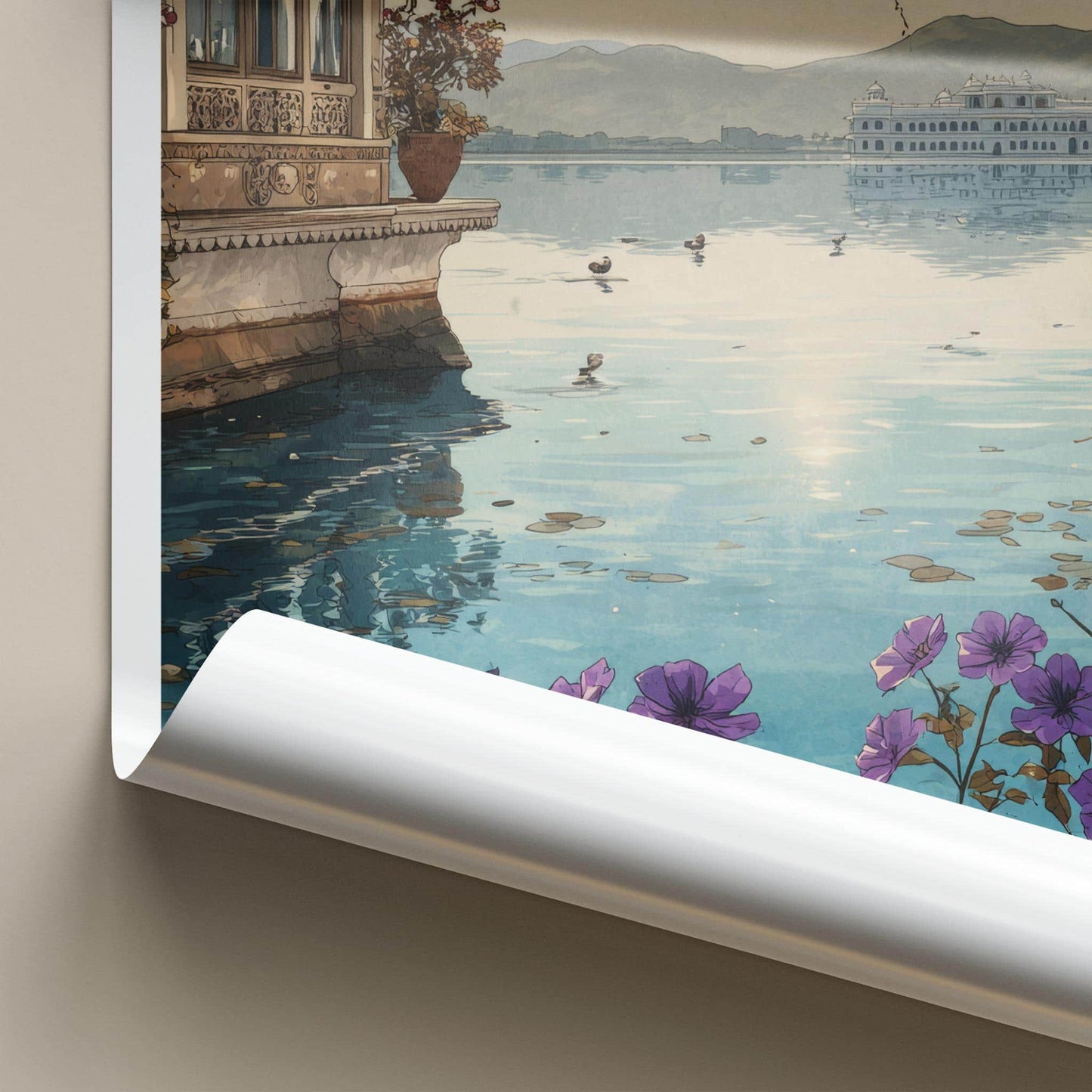 Udaipur Poster - India Travel Art - Rajasthan Lake Palace Flowers Home Decor